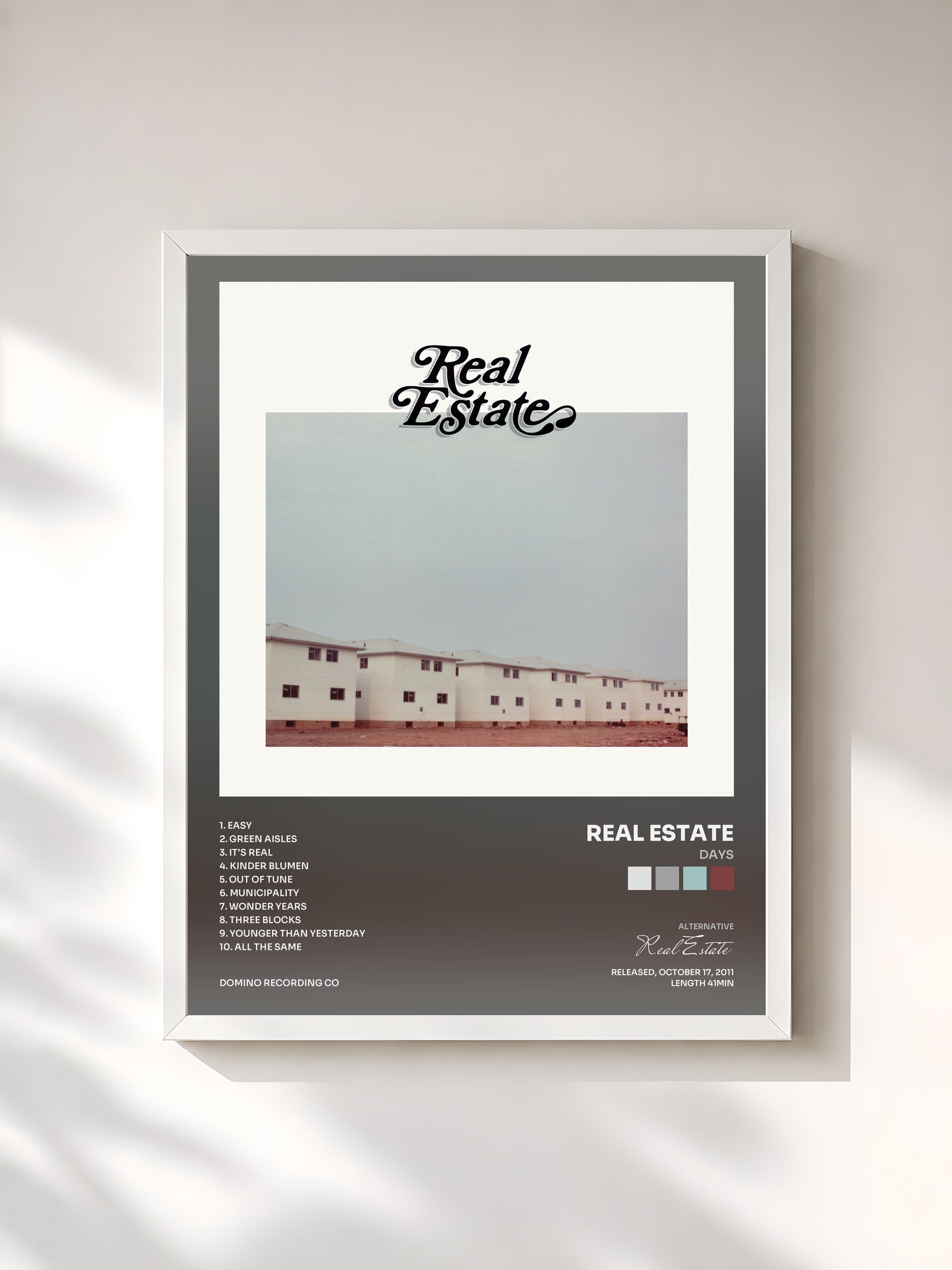#blanc Tableau de l'album Days de Real Estate, cadre blanc, imprimé et encadré en France