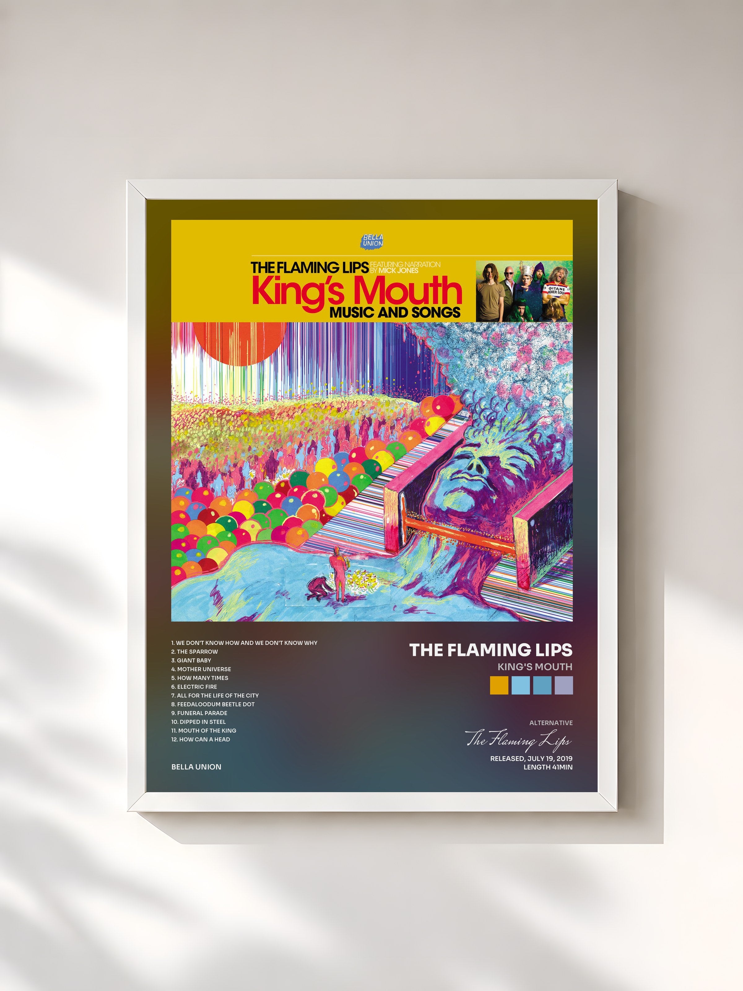 #blanc Tableau de l'album King's Mouth de The Flaming Lips, cadre blanc, imprimé et encadré en France