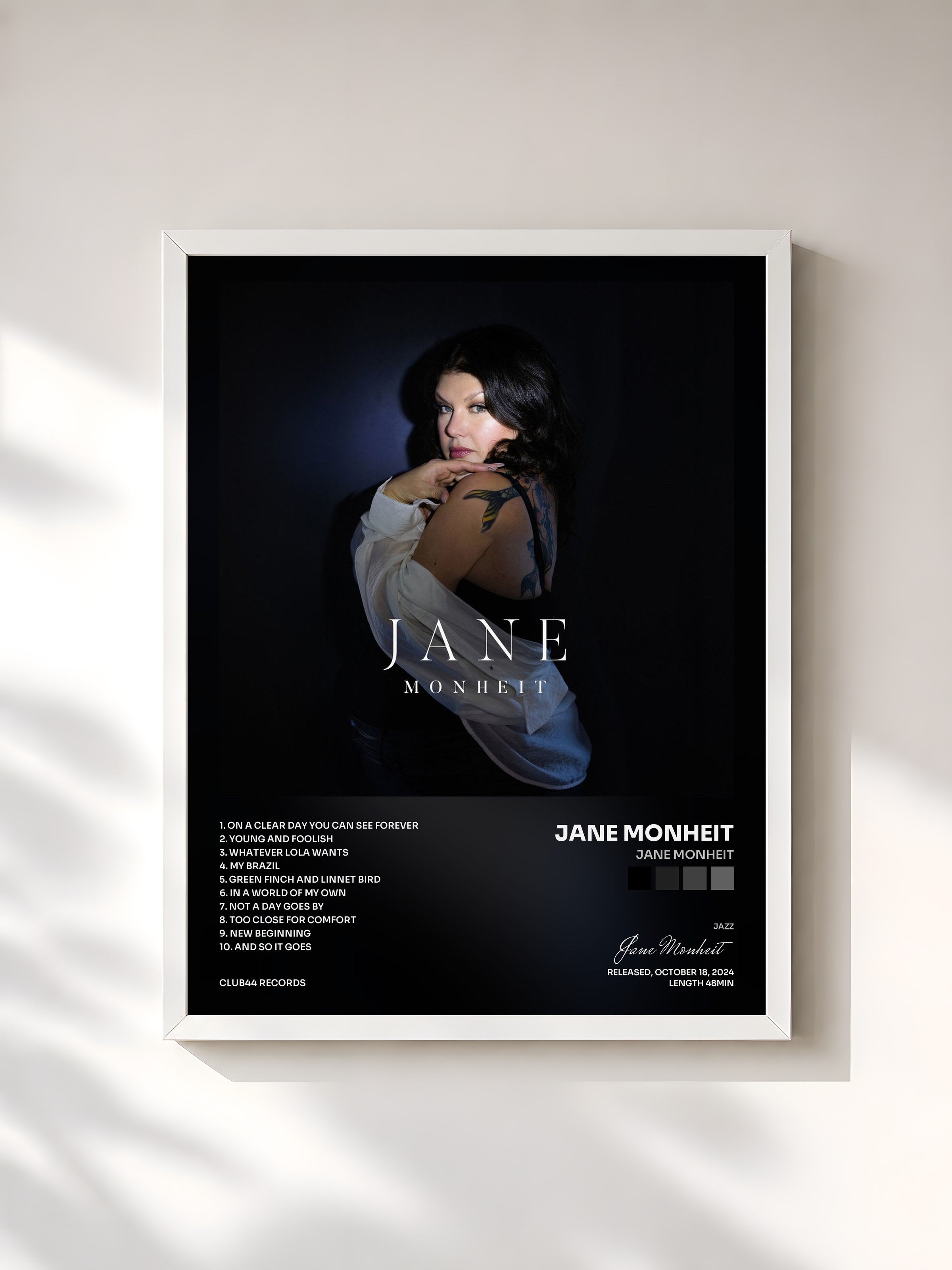 #blanc Tableau de l'album Jane Monheit de Jane Monheit, cadre blanc, imprimé et encadré en France