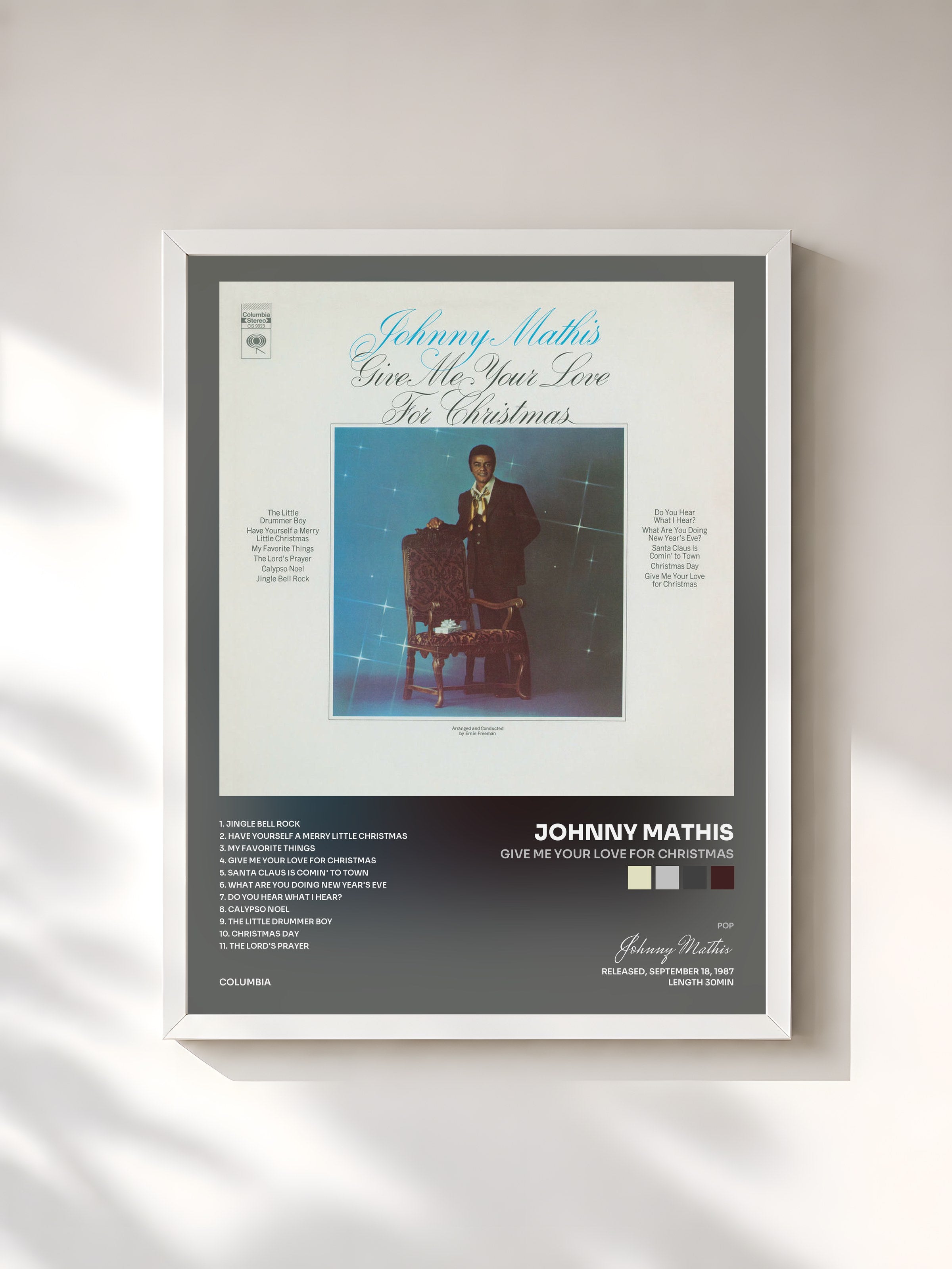 #blanc Tableau de l'album Give Me Your Love For Christmas de Johnny Mathis, cadre blanc, imprimé et encadré en France