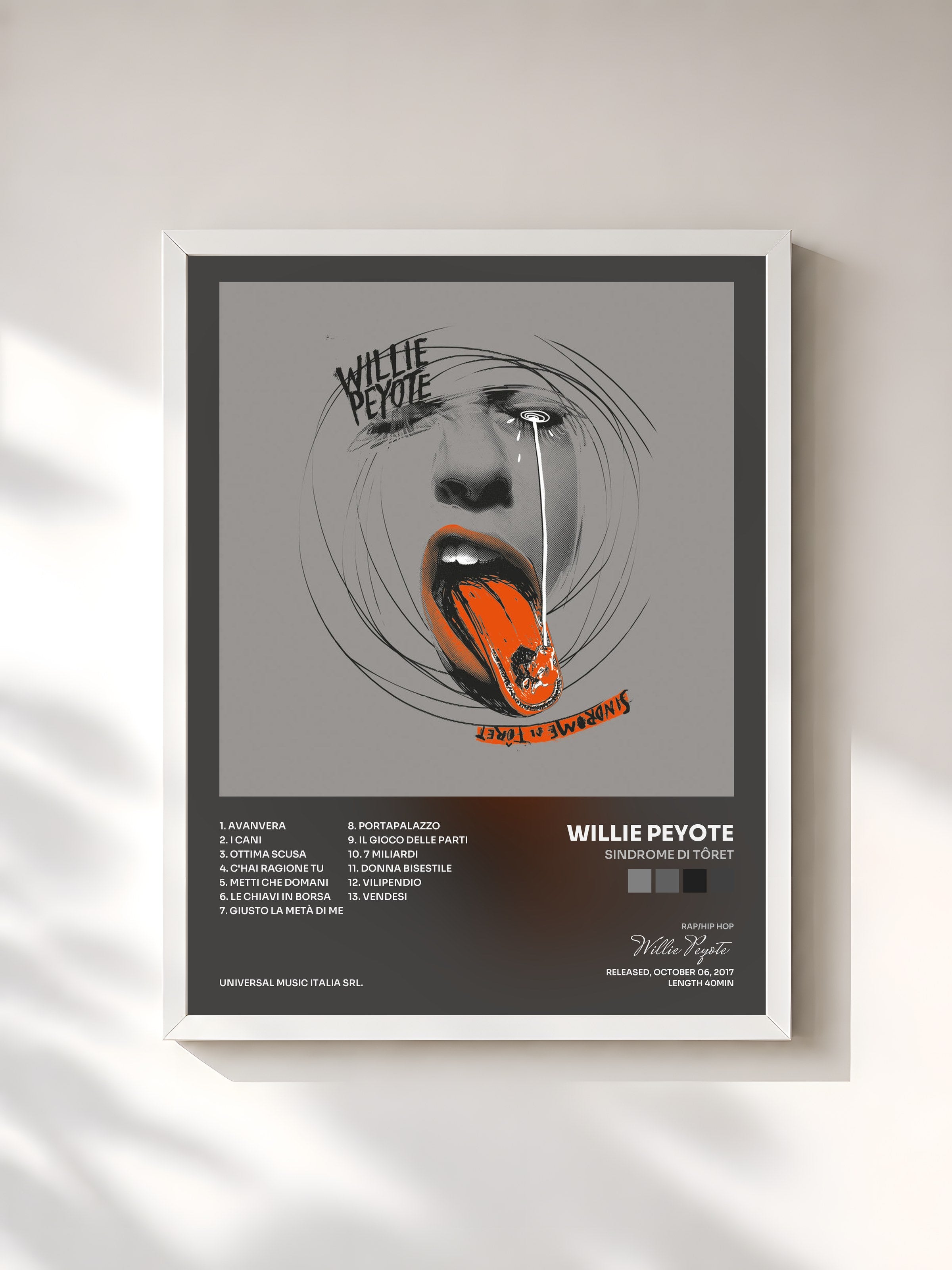 #blanc Tableau de l'album Sindrome di Tôret de Willie Peyote, cadre blanc, imprimé et encadré en France