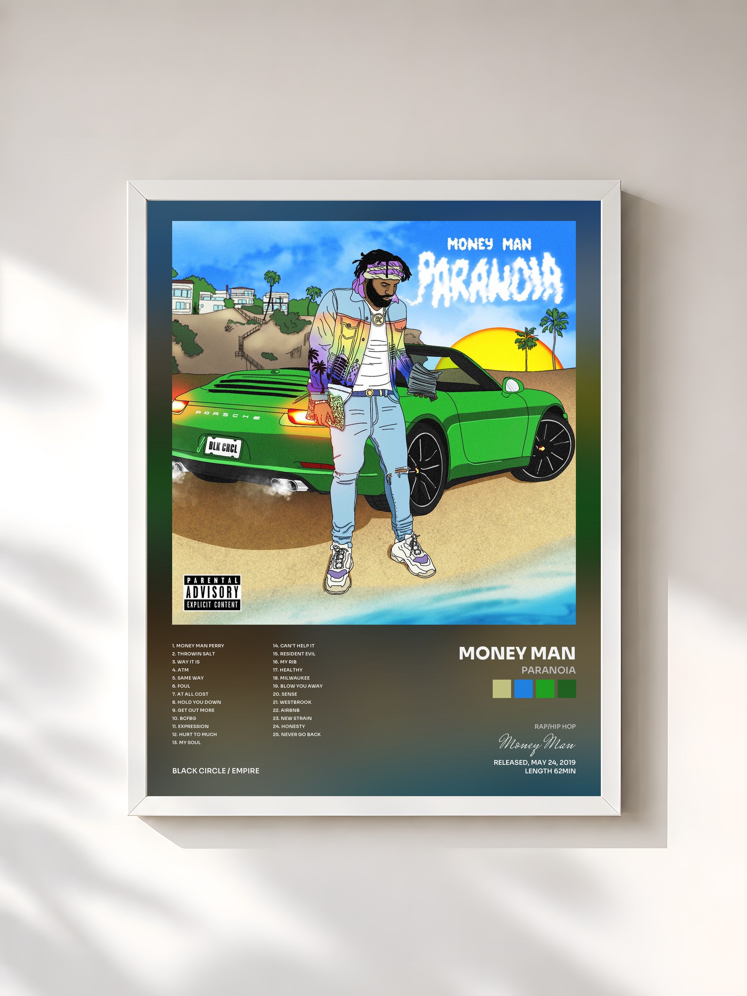 #blanc Tableau de l'album Paranoia de Money Man, cadre blanc, imprimé et encadré en France
