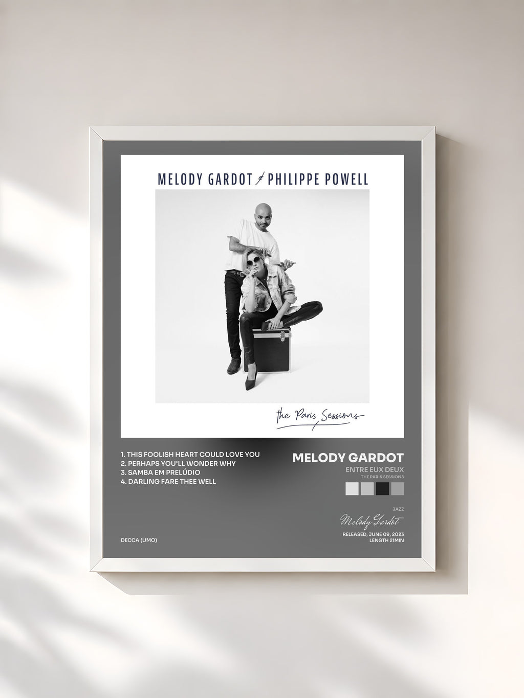 #blanc Tableau de l'album Entre eux deux (The Paris Sessions) de Melody Gardot, cadre blanc, imprimé et encadré en France