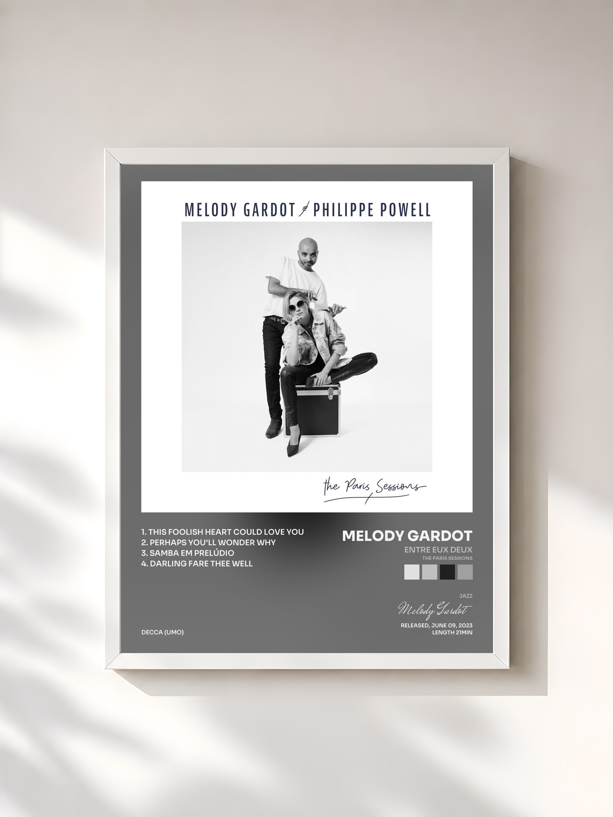 #blanc Tableau de l'album Entre eux deux (The Paris Sessions) de Melody Gardot, cadre blanc, imprimé et encadré en France