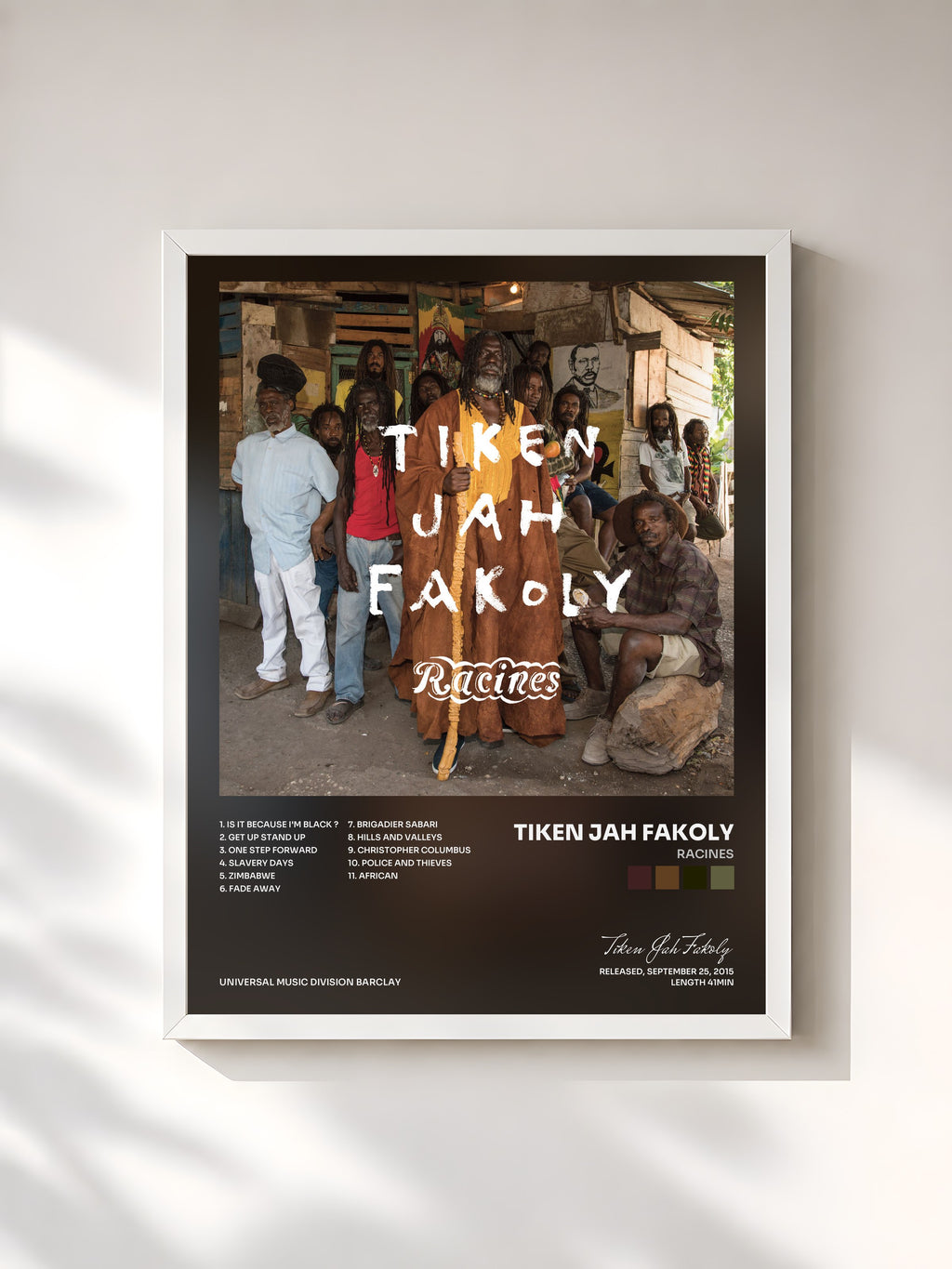 #blanc Tableau de l'album Racines de Tiken Jah Fakoly, cadre blanc, imprimé et encadré en France