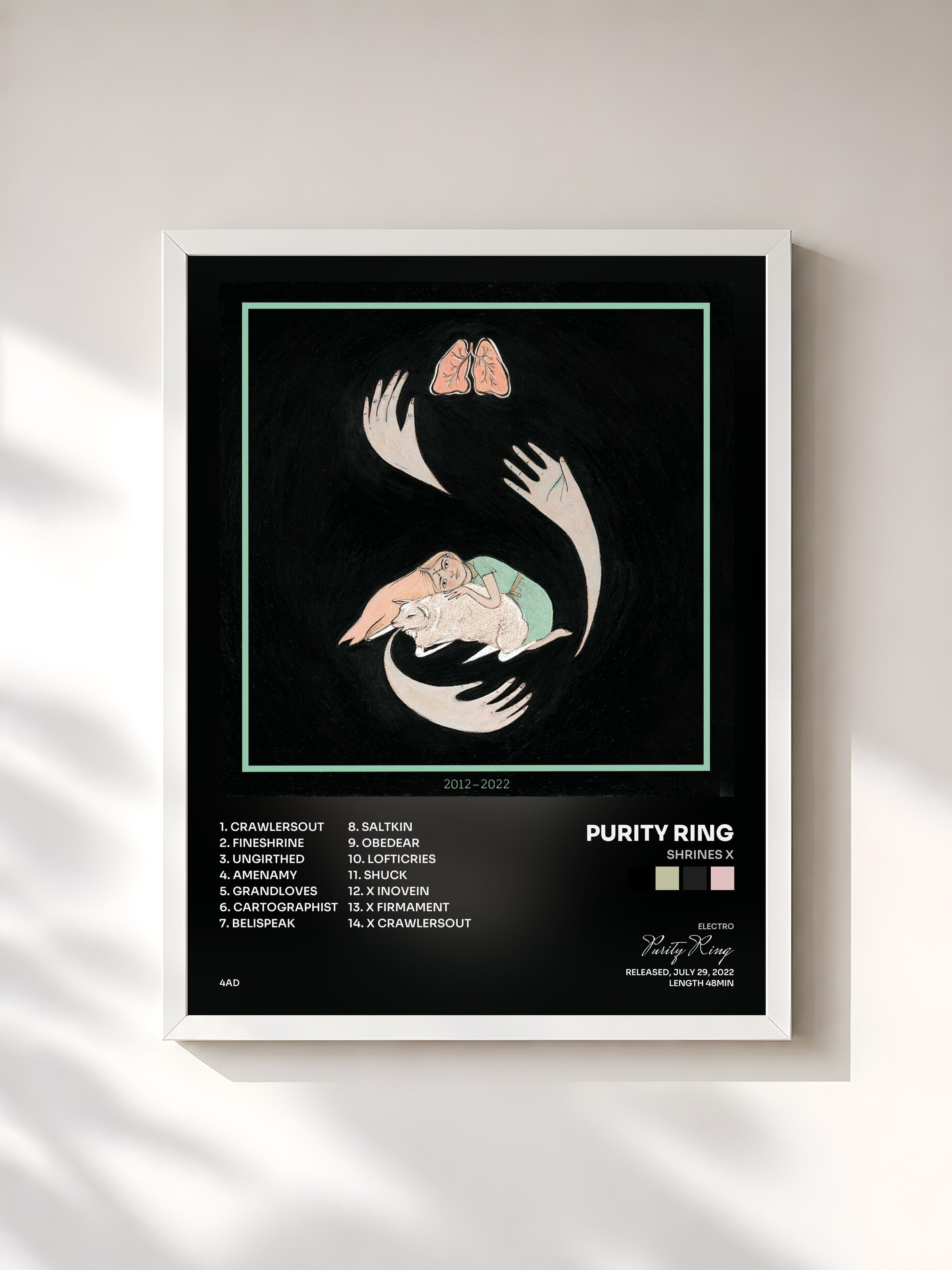 #blanc Tableau de l'album shrines X de Purity Ring, cadre blanc, imprimé et encadré en France