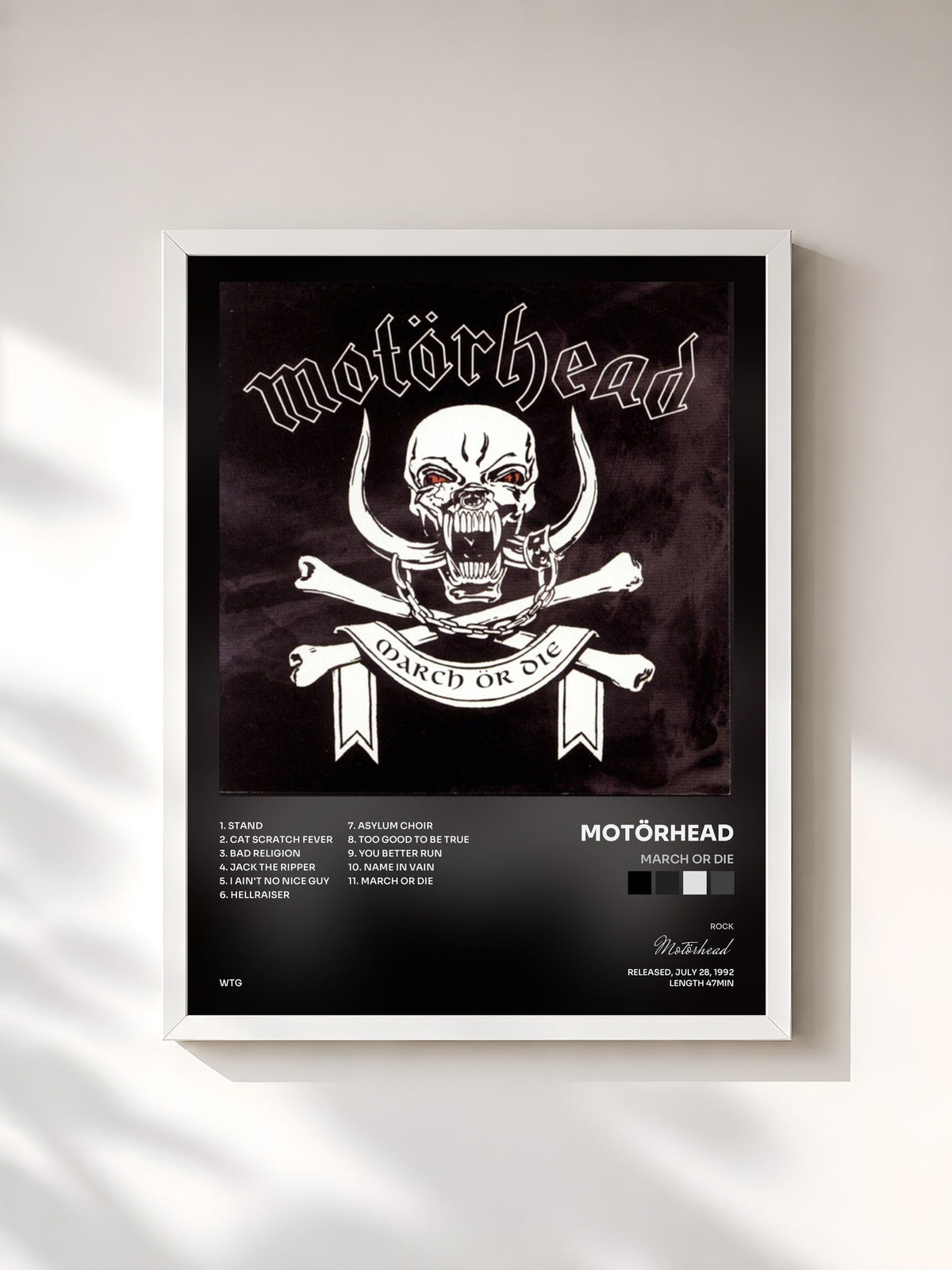 #blanc Tableau de l'album March Or Die de Motörhead, cadre blanc, imprimé et encadré en France