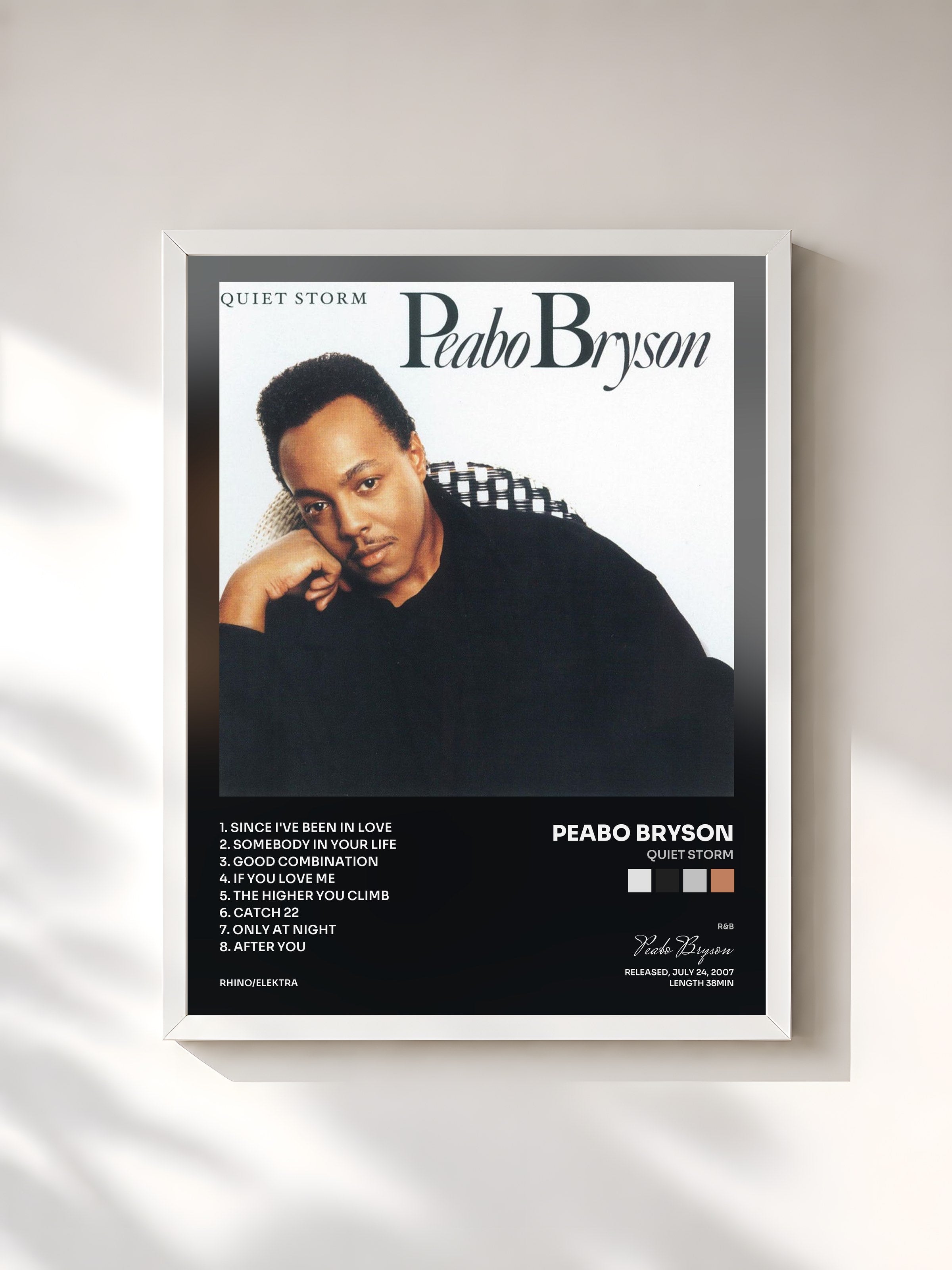 #blanc Tableau de l'album Quiet Storm de Peabo Bryson, cadre blanc, imprimé et encadré en France