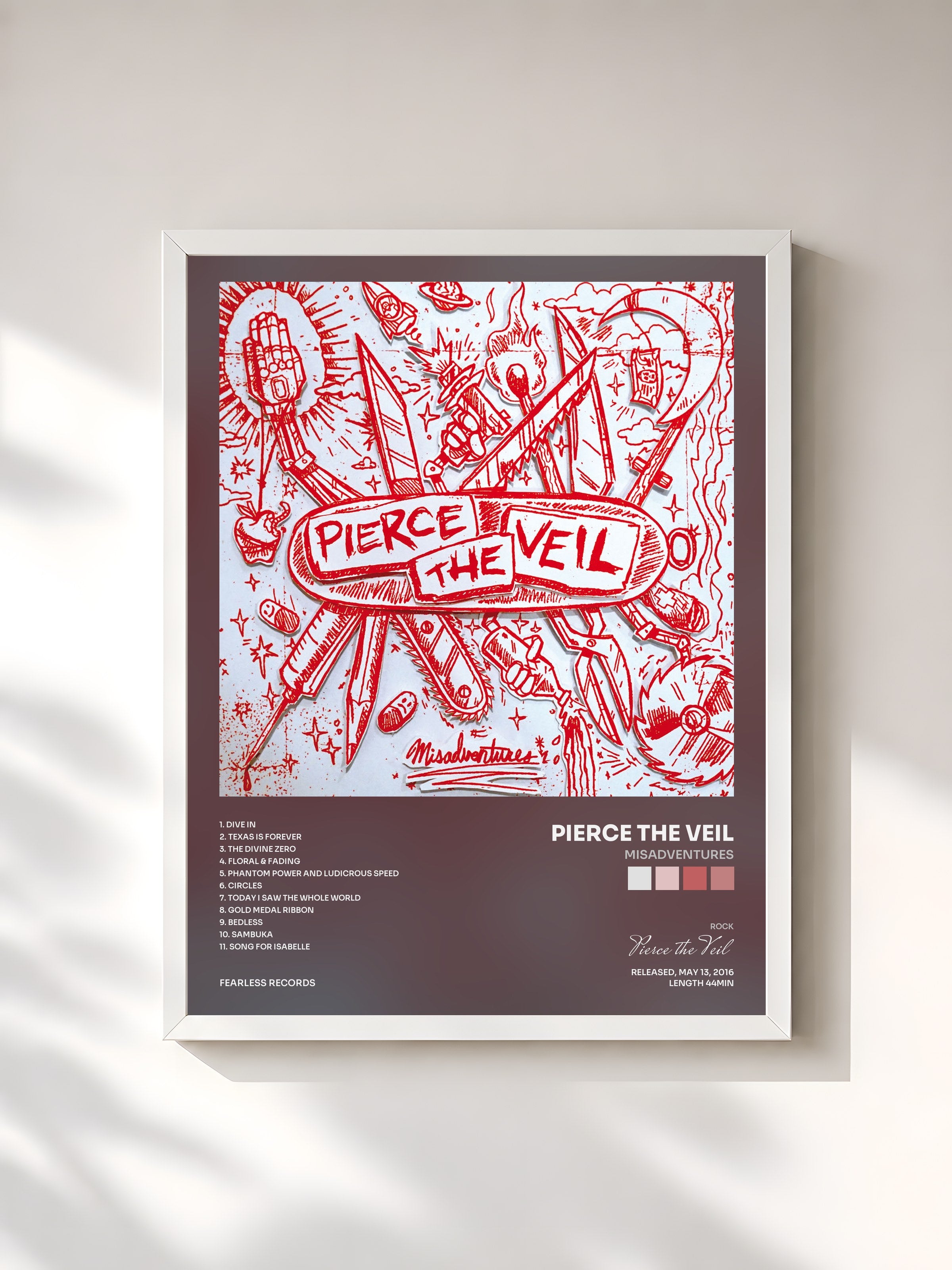 #blanc Tableau de l'album Misadventures de Pierce the Veil, cadre blanc, imprimé et encadré en France