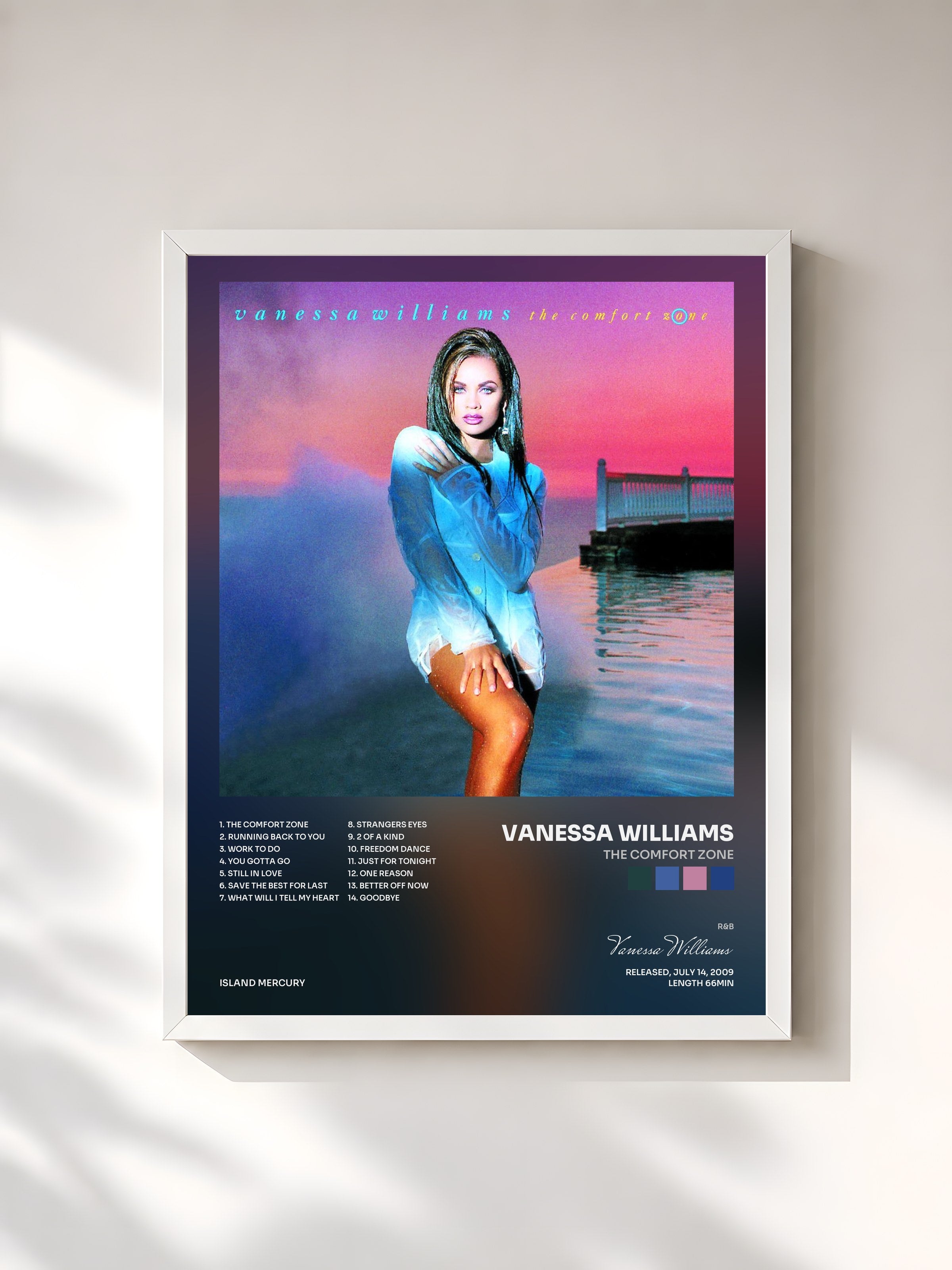 #blanc Tableau de l'album The Comfort Zone de Vanessa Williams, cadre blanc, imprimé et encadré en France