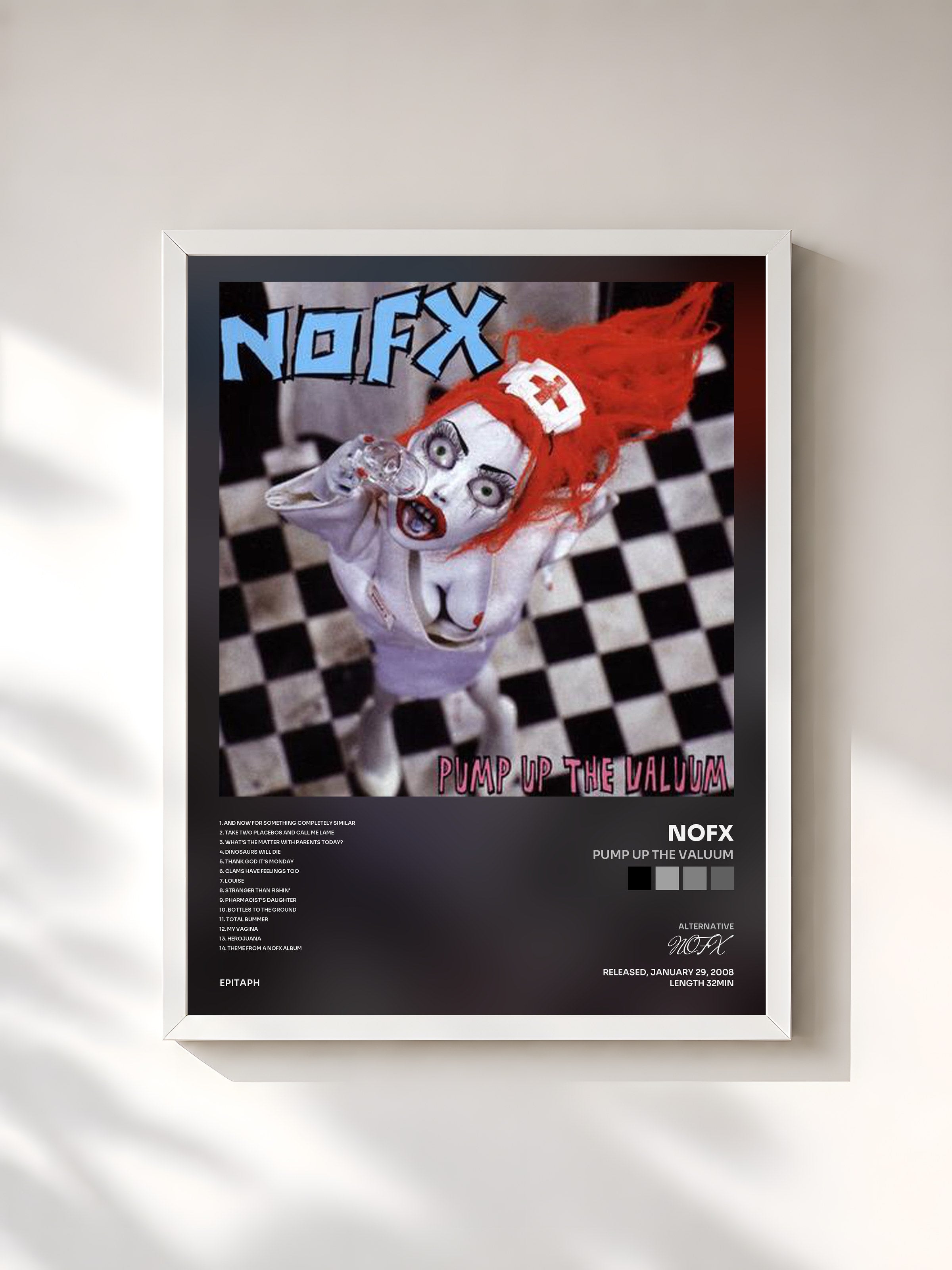 #blanc Tableau de l'album Pump Up The Valuum de NOFX, cadre blanc, imprimé et encadré en France