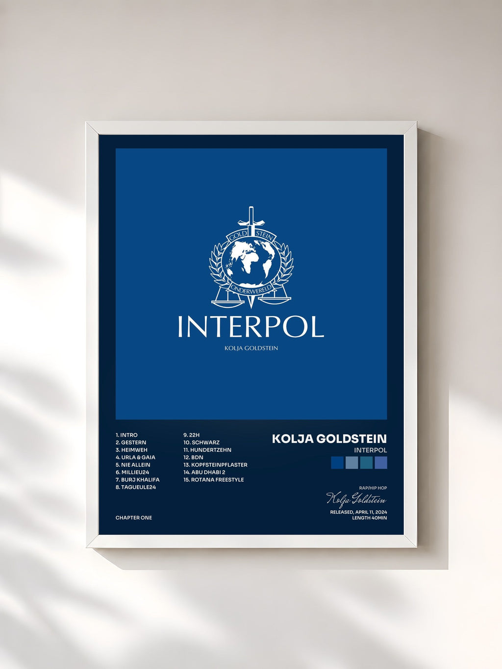 #blanc Tableau de l'album INTERPOL de Kolja Goldstein, cadre blanc, imprimé et encadré en France