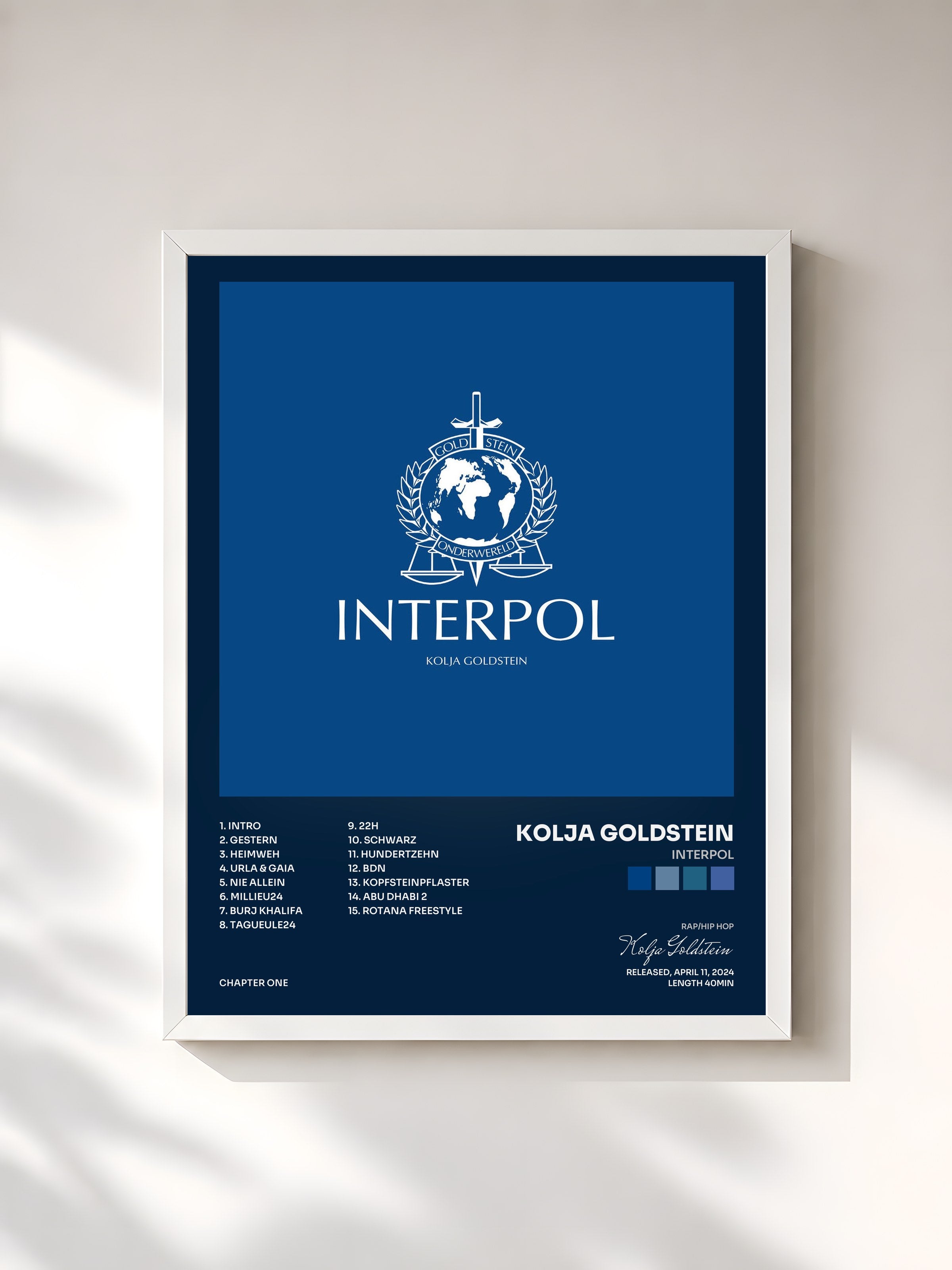 #blanc Tableau de l'album INTERPOL de Kolja Goldstein, cadre blanc, imprimé et encadré en France