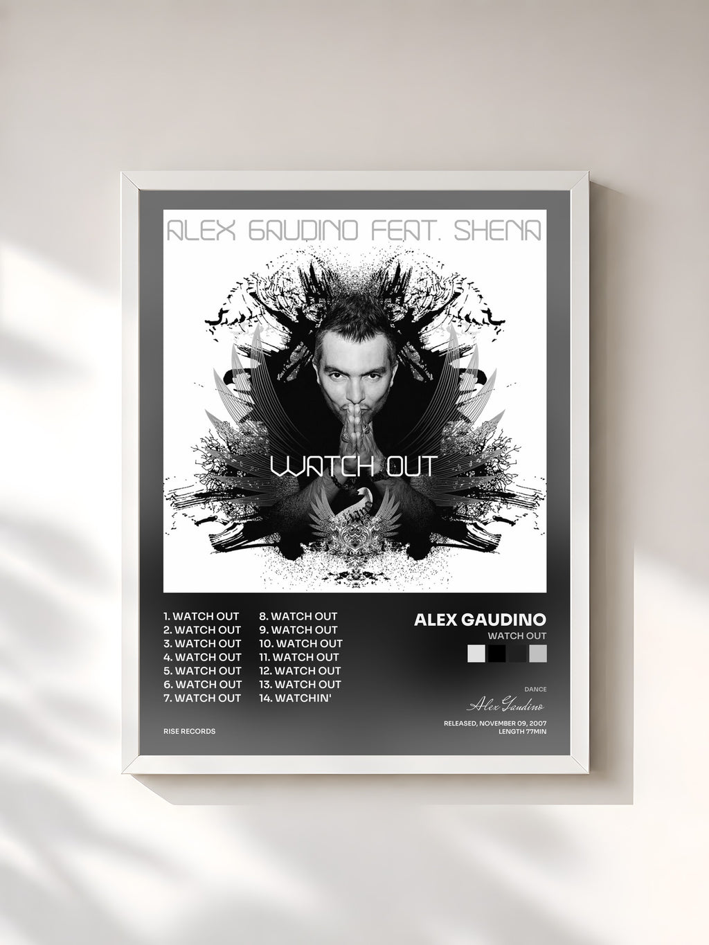 #blanc Tableau de l'album Watch Out de Alex Gaudino, cadre blanc, imprimé et encadré en France