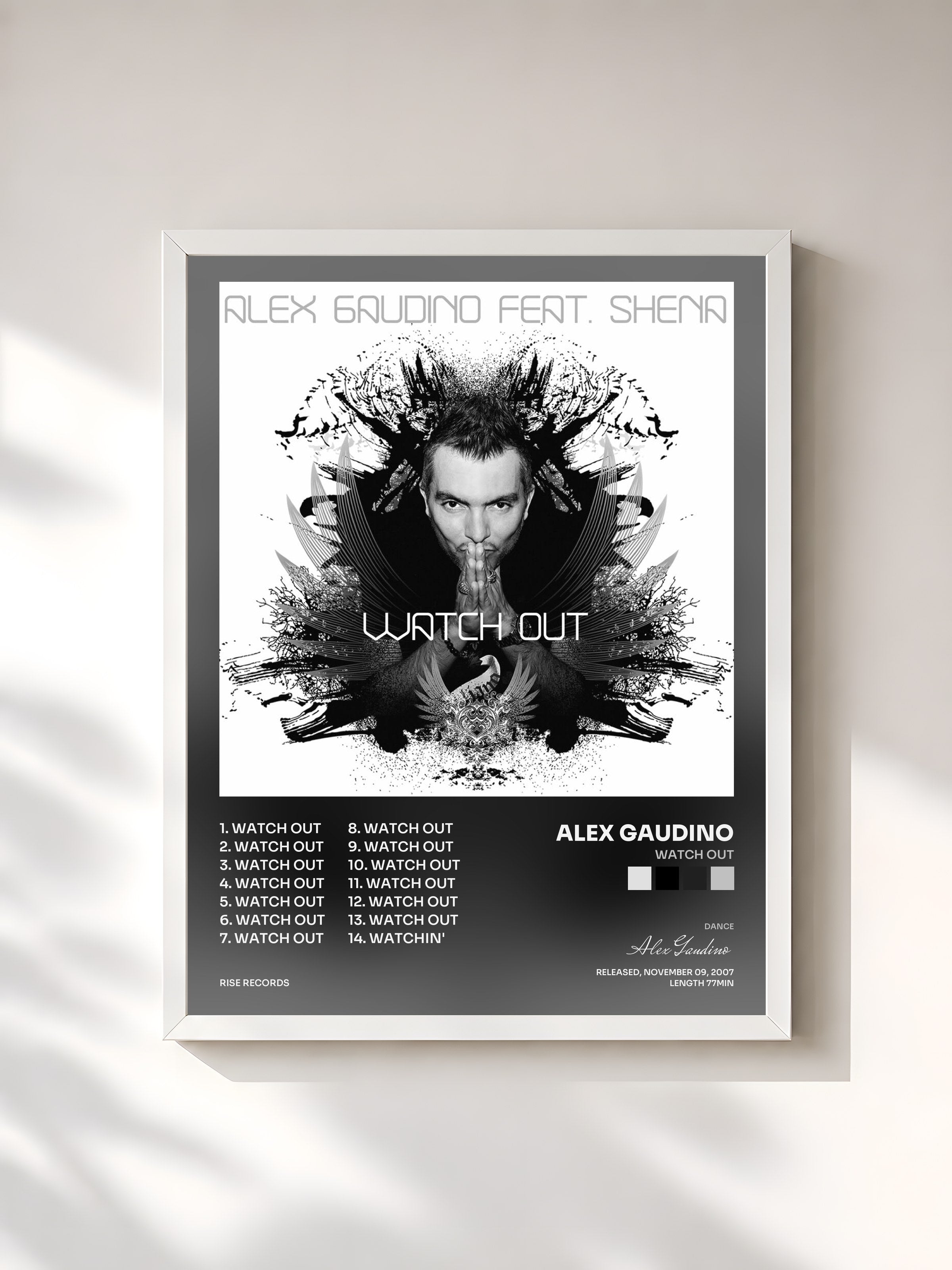 #blanc Tableau de l'album Watch Out de Alex Gaudino, cadre blanc, imprimé et encadré en France