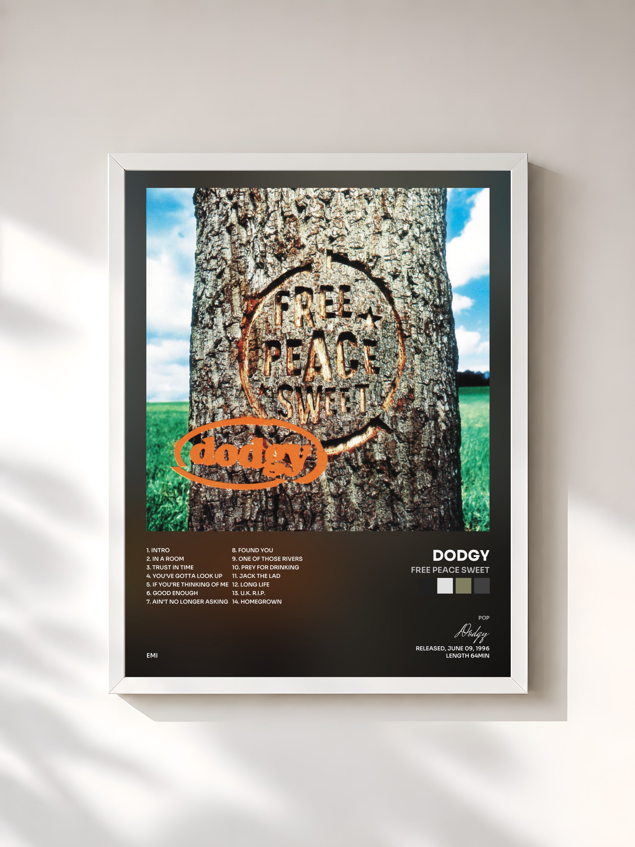 #blanc Tableau de l'album Free Peace Sweet de Dodgy, cadre blanc, imprimé et encadré en France