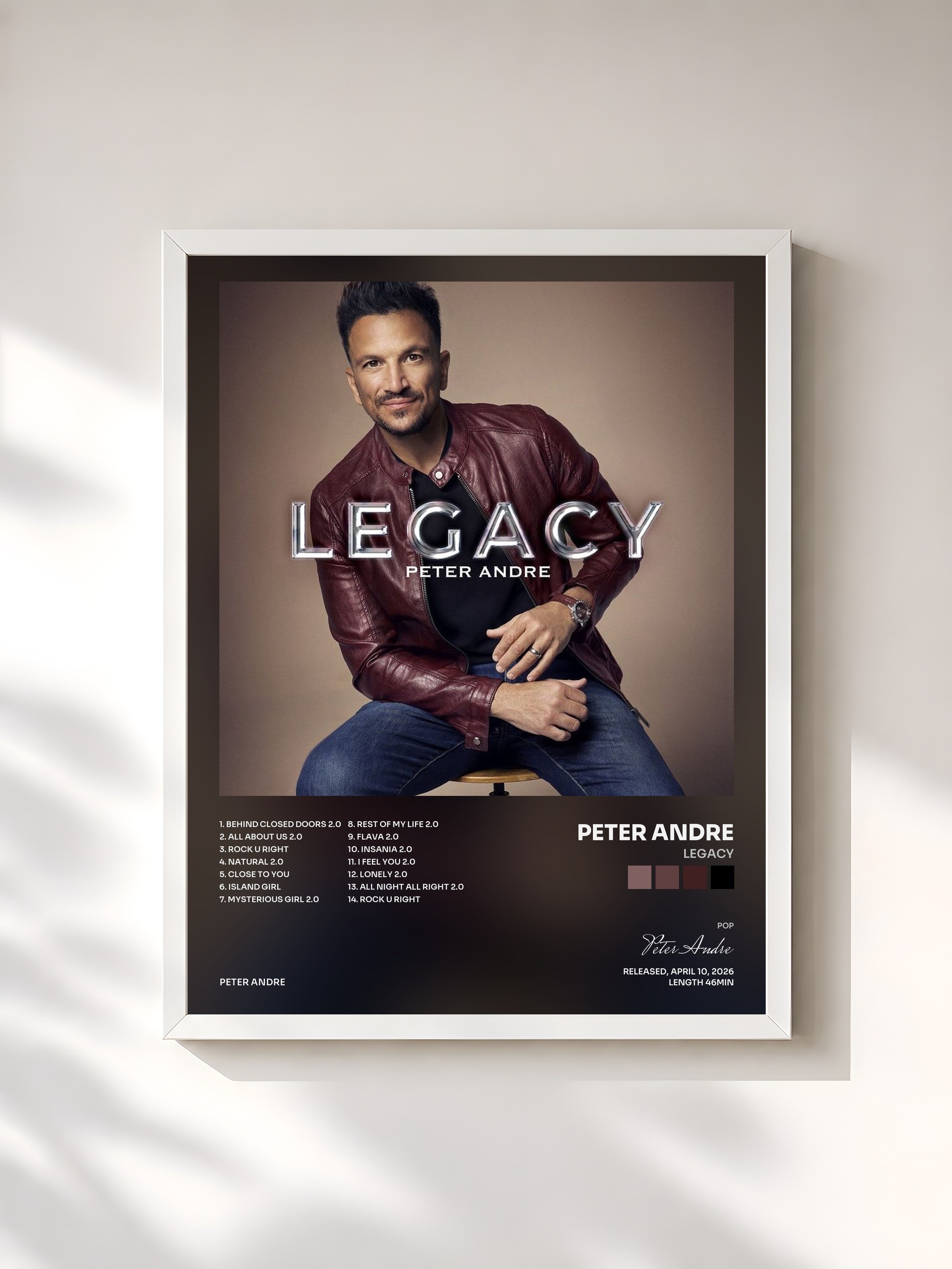 #blanc Tableau de l'album Legacy de Peter Andre, cadre blanc, imprimé et encadré en France