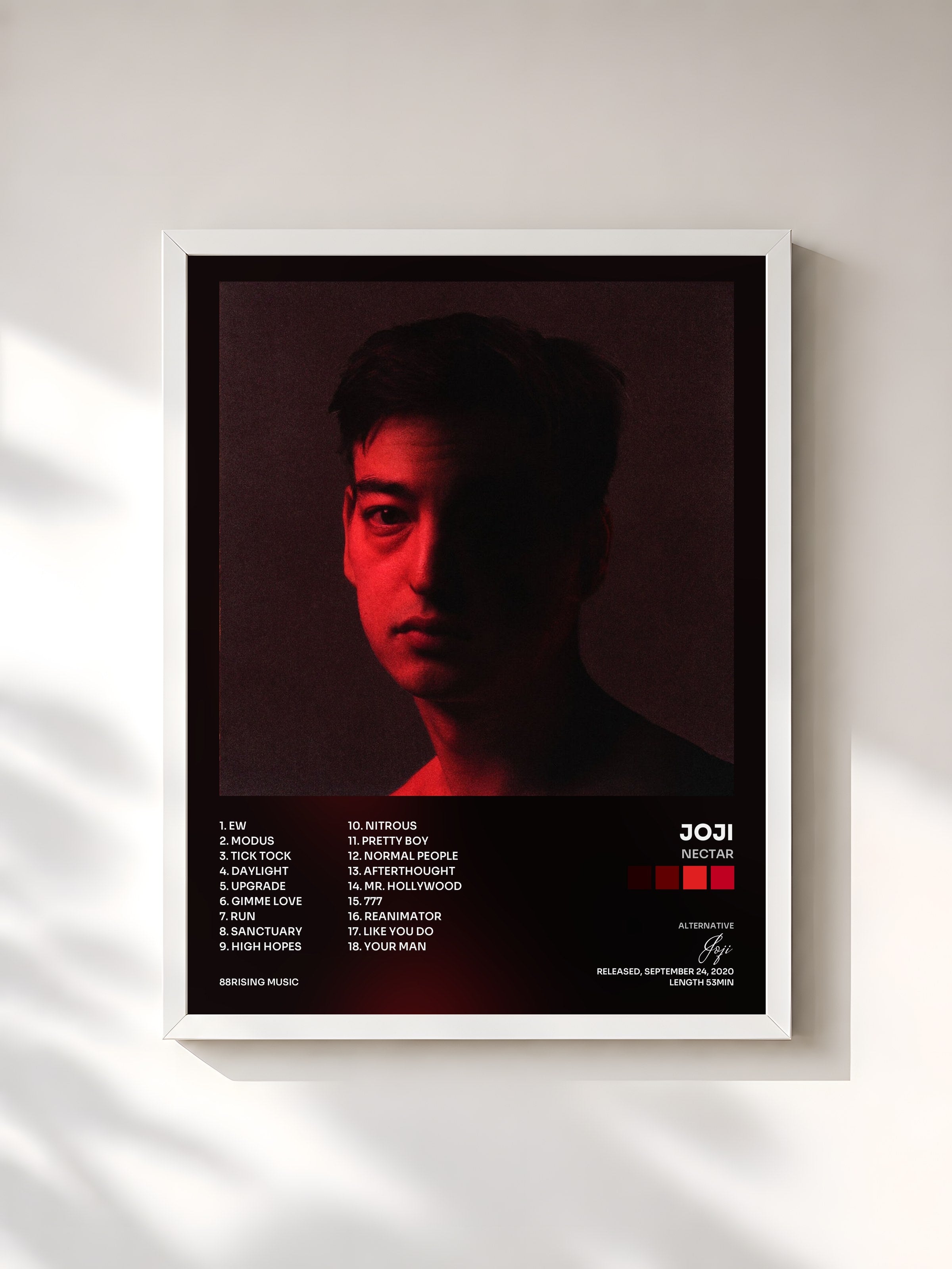 #blanc Tableau de l'album Nectar de Joji, cadre blanc, imprimé et encadré en France