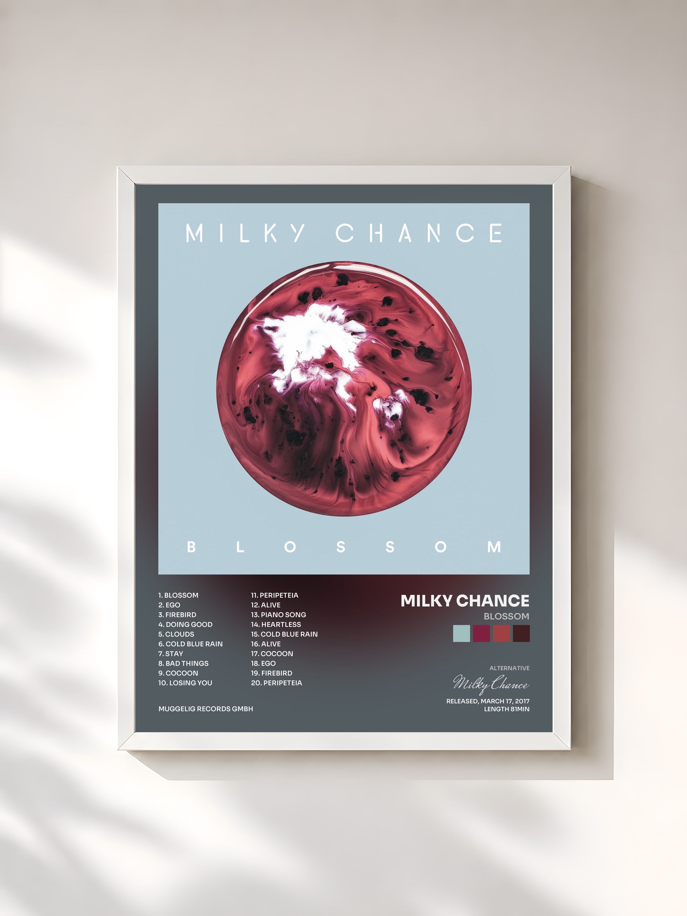 #blanc Tableau de l'album Blossom de Milky Chance, cadre blanc, imprimé et encadré en France