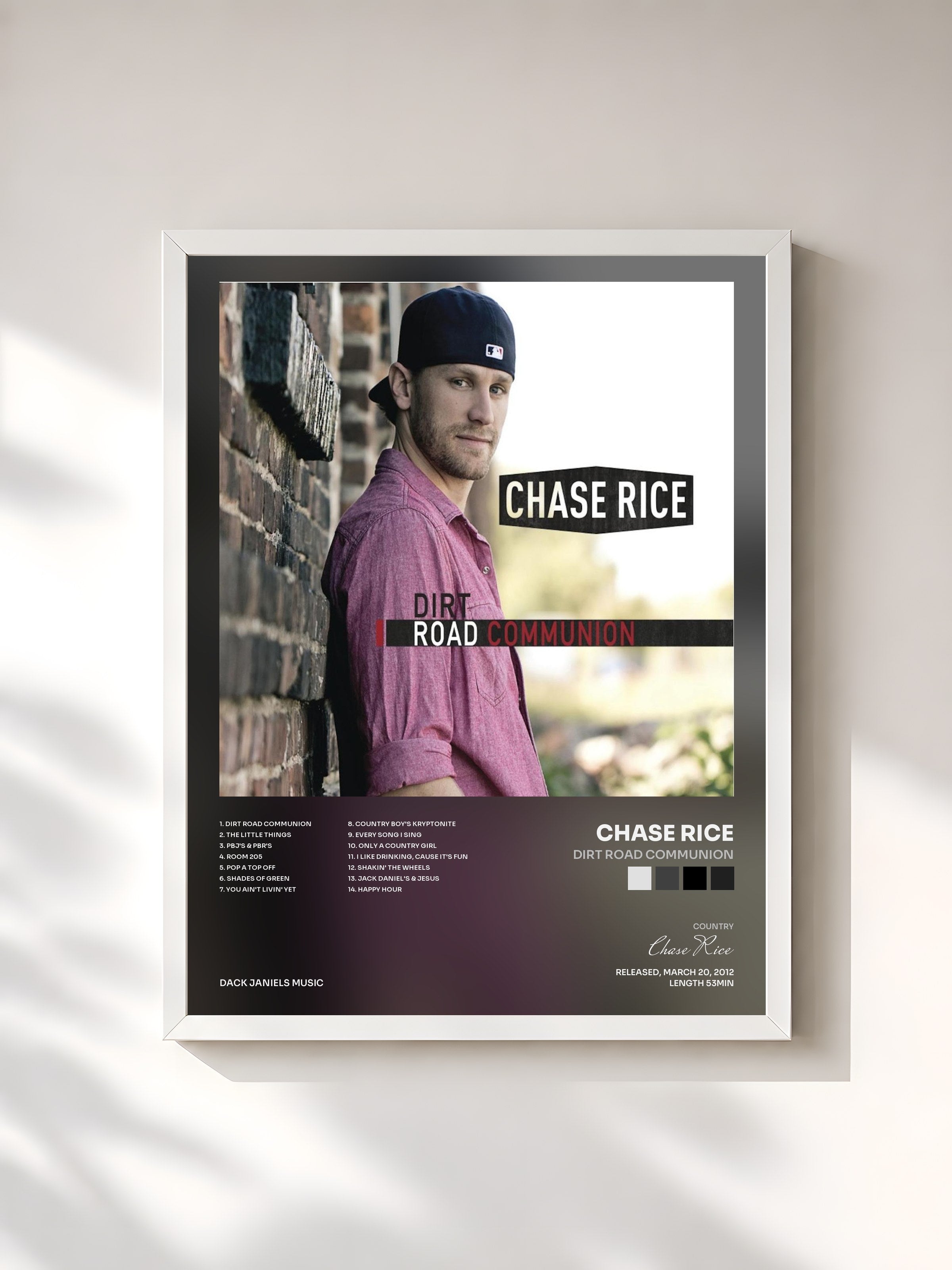 #blanc Tableau de l'album Dirt Road Communion de Chase Rice, cadre blanc, imprimé et encadré en France