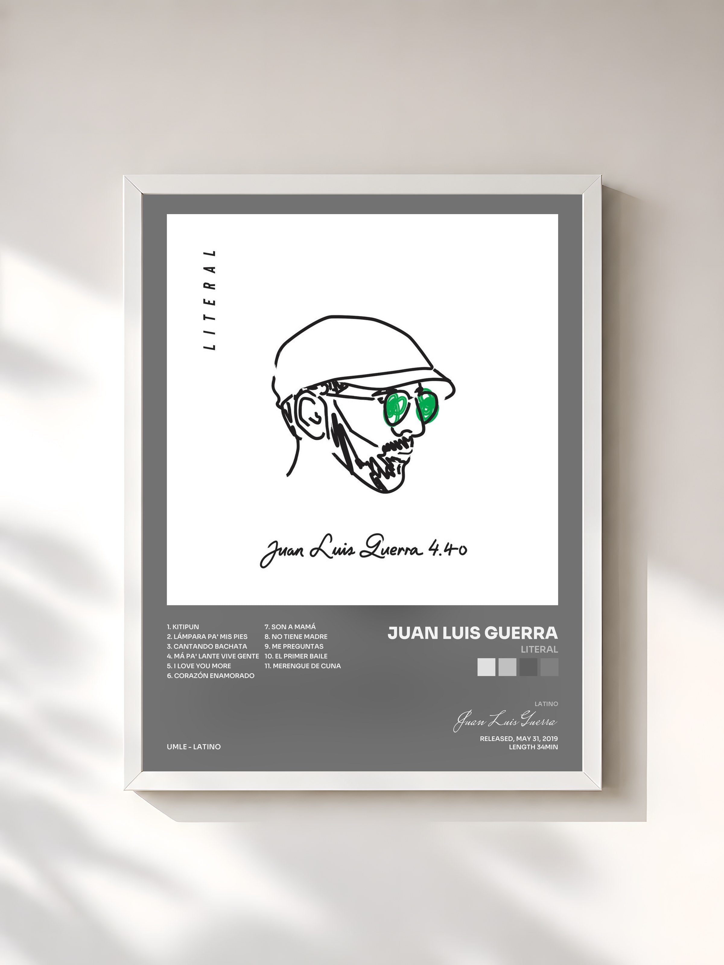 #blanc Tableau de l'album Literal de Juan Luis Guerra, cadre blanc, imprimé et encadré en France