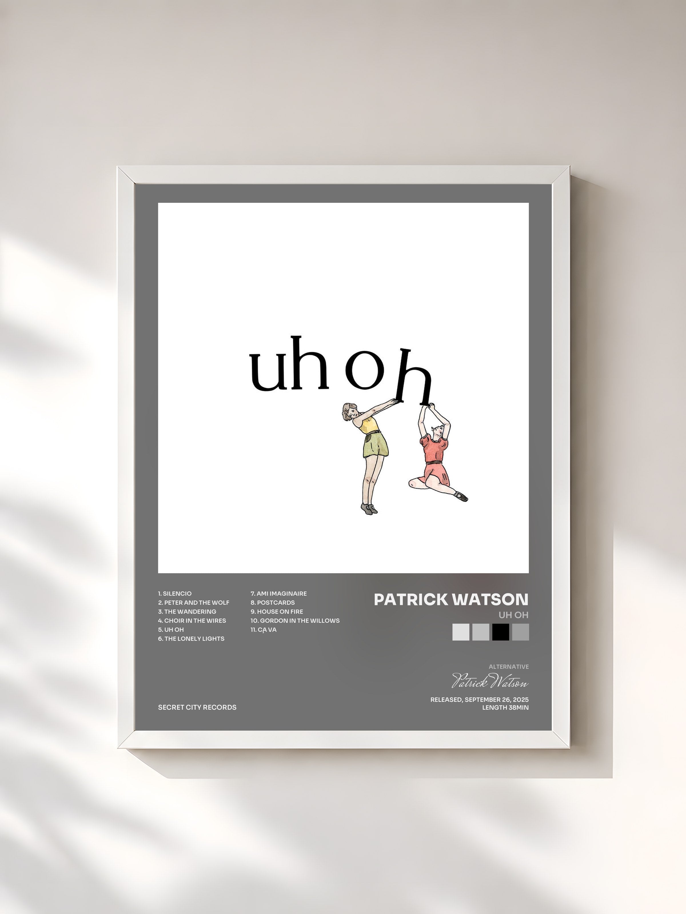 #blanc Tableau de l'album Uh Oh de Patrick Watson, cadre blanc, imprimé et encadré en France