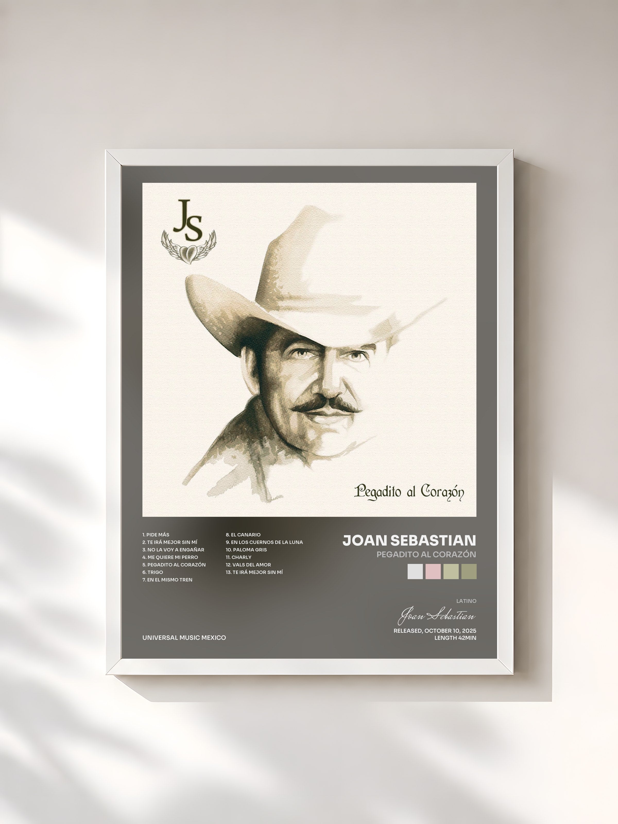 #blanc Tableau de l'album Pegadito Al Corazón de Joan Sebastian, cadre blanc, imprimé et encadré en France