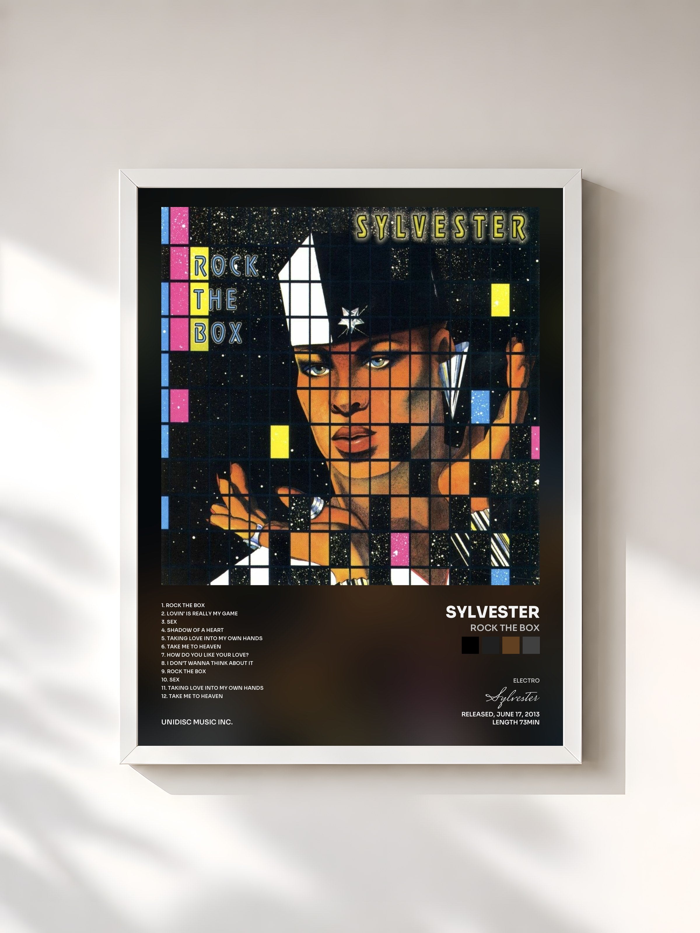 #blanc Tableau de l'album Rock the Box de Sylvester, cadre blanc, imprimé et encadré en France