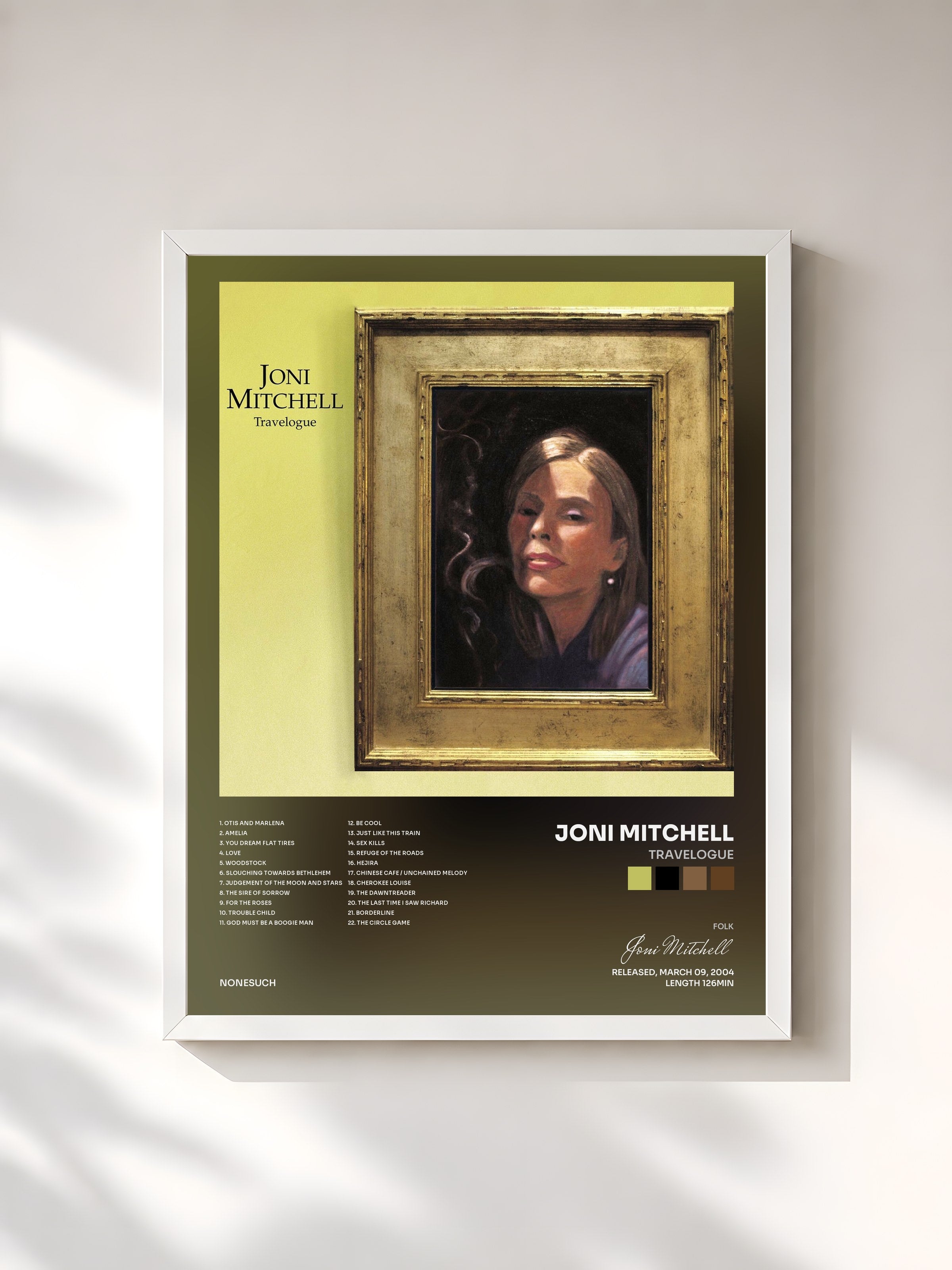 #blanc Tableau de l'album Travelogue de Joni Mitchell, cadre blanc, imprimé et encadré en France