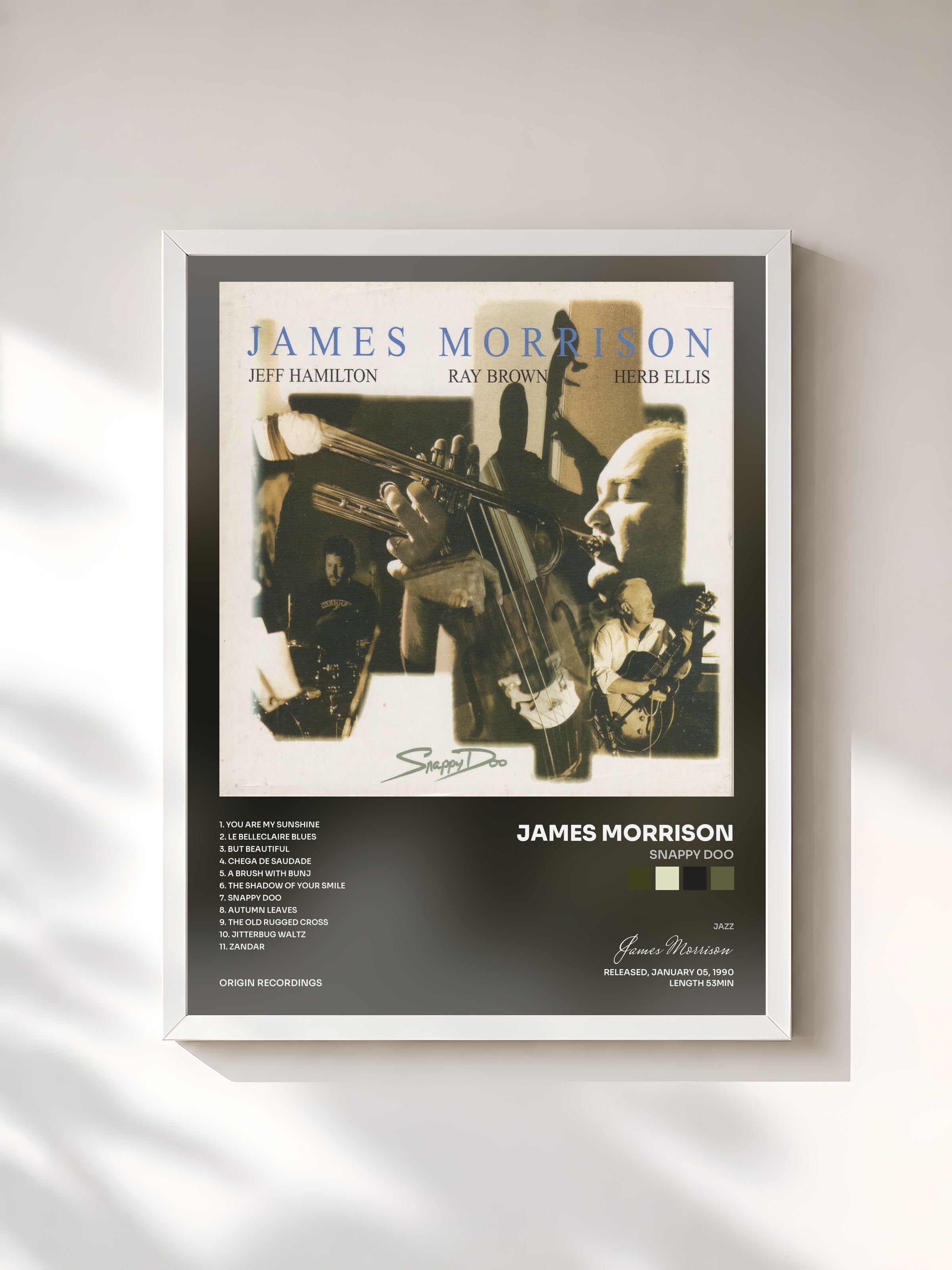 #blanc Tableau de l'album Snappy Doo de James Morrison, cadre blanc, imprimé et encadré en France