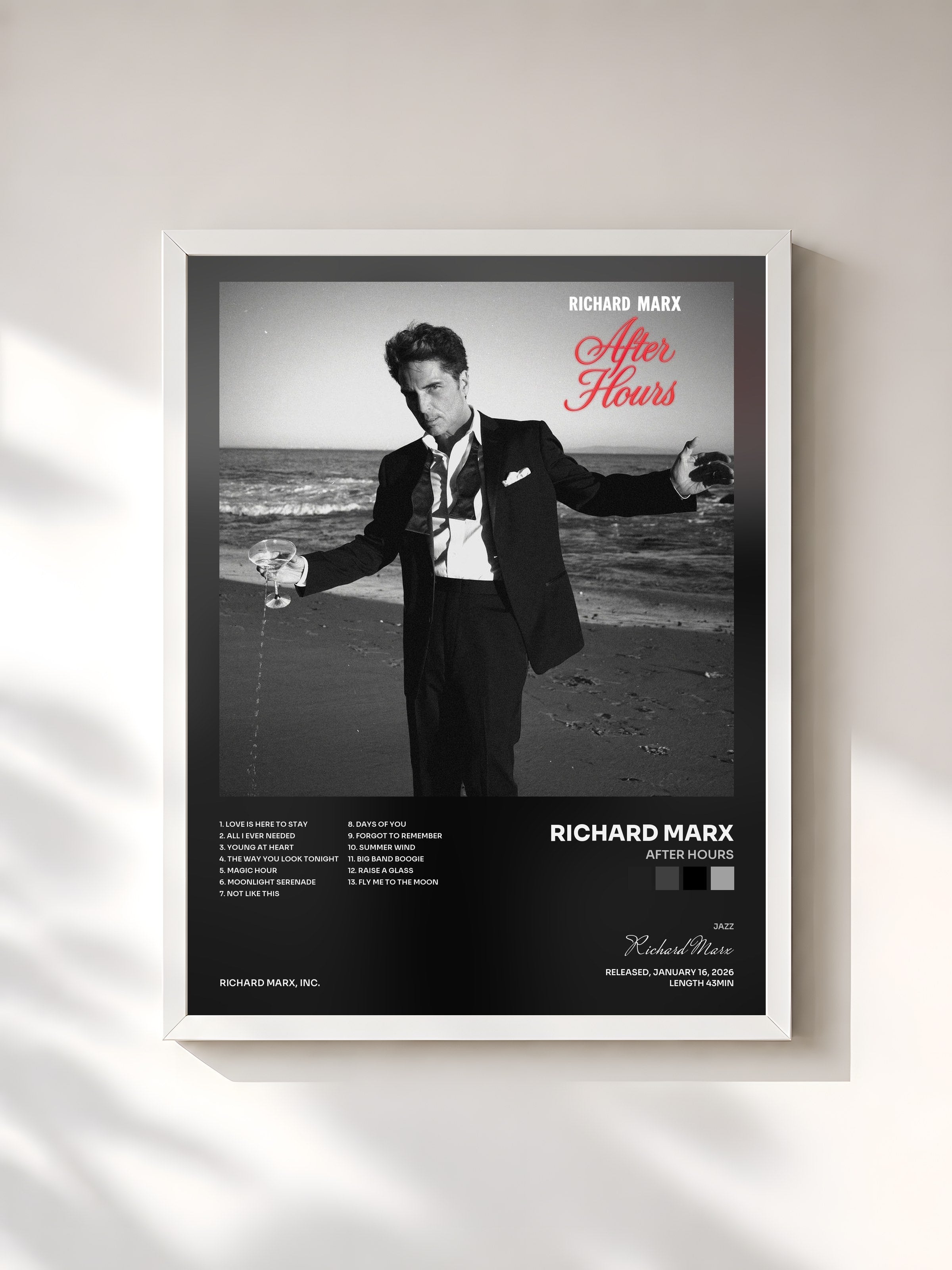 #blanc Tableau de l'album After Hours de Richard Marx, cadre blanc, imprimé et encadré en France