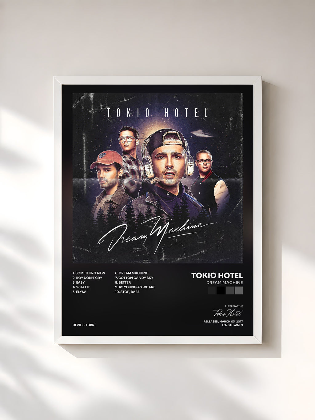 #blanc Tableau de l'album Dream Machine de Tokio Hotel, cadre blanc, imprimé et encadré en France