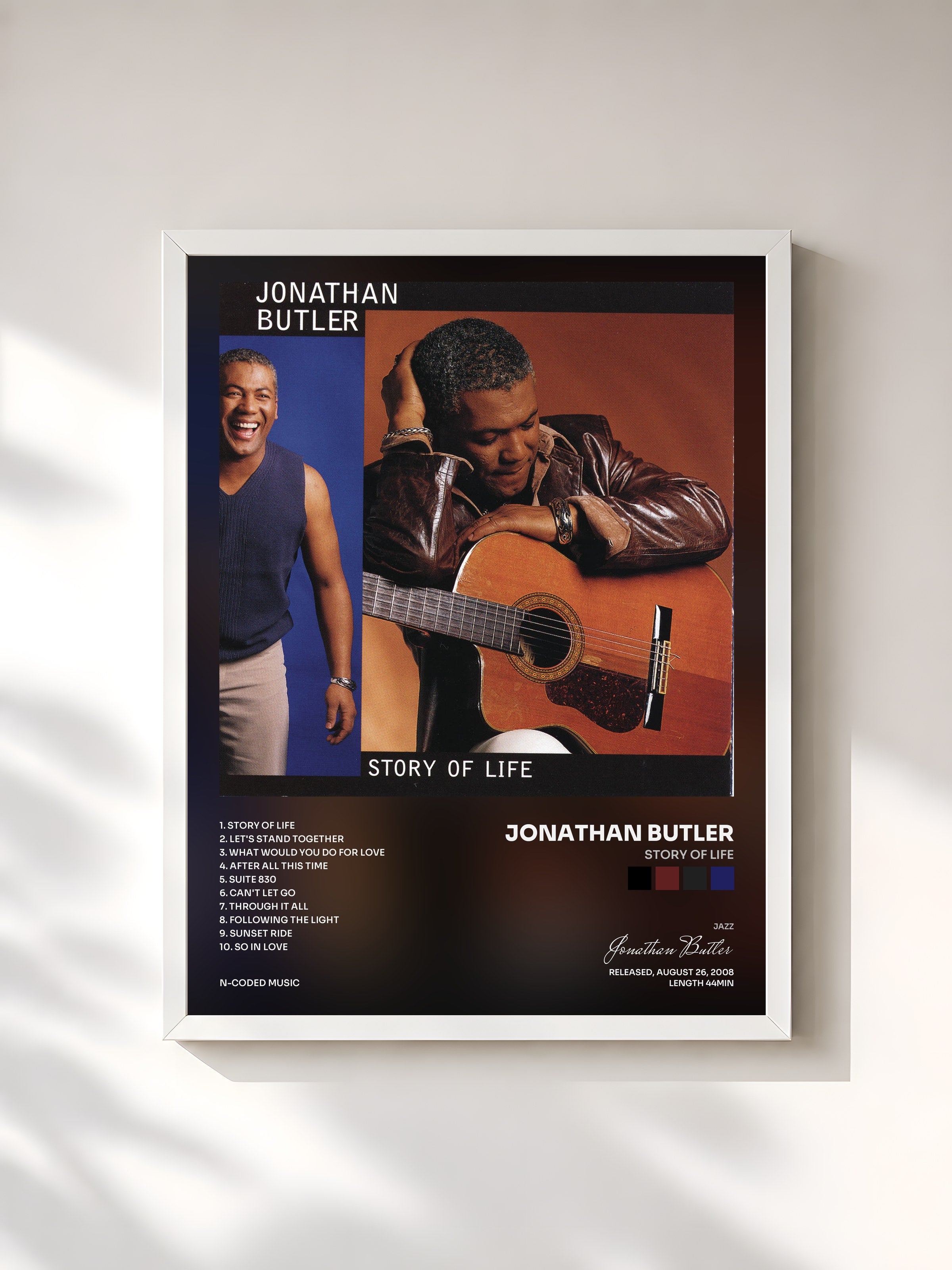 #blanc Tableau de l'album Story of Life de Jonathan Butler, cadre blanc, imprimé et encadré en France