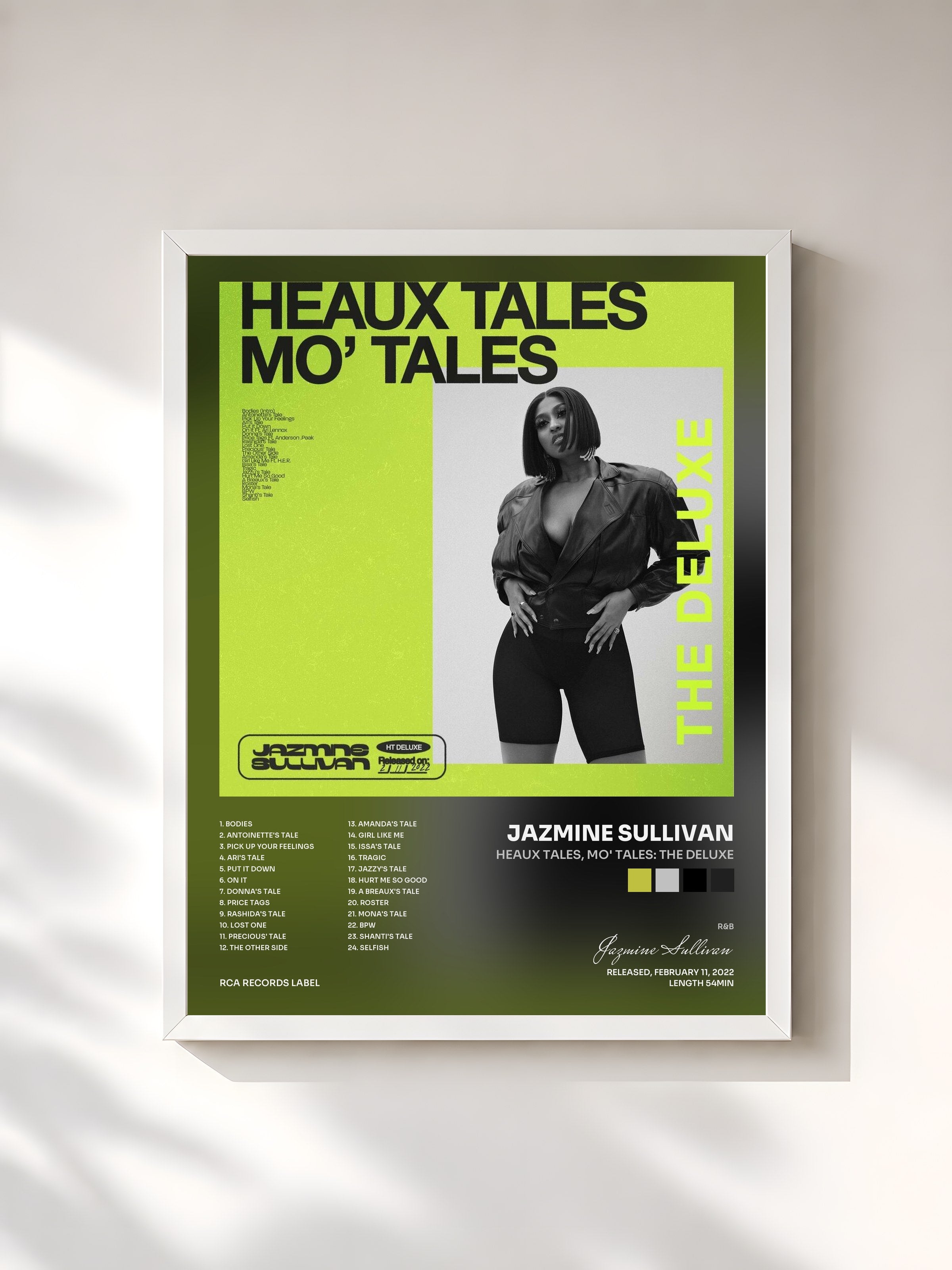 #blanc Tableau de l'album Heaux Tales, Mo' Tales: The Deluxe de Jazmine Sullivan, cadre blanc, imprimé et encadré en France
