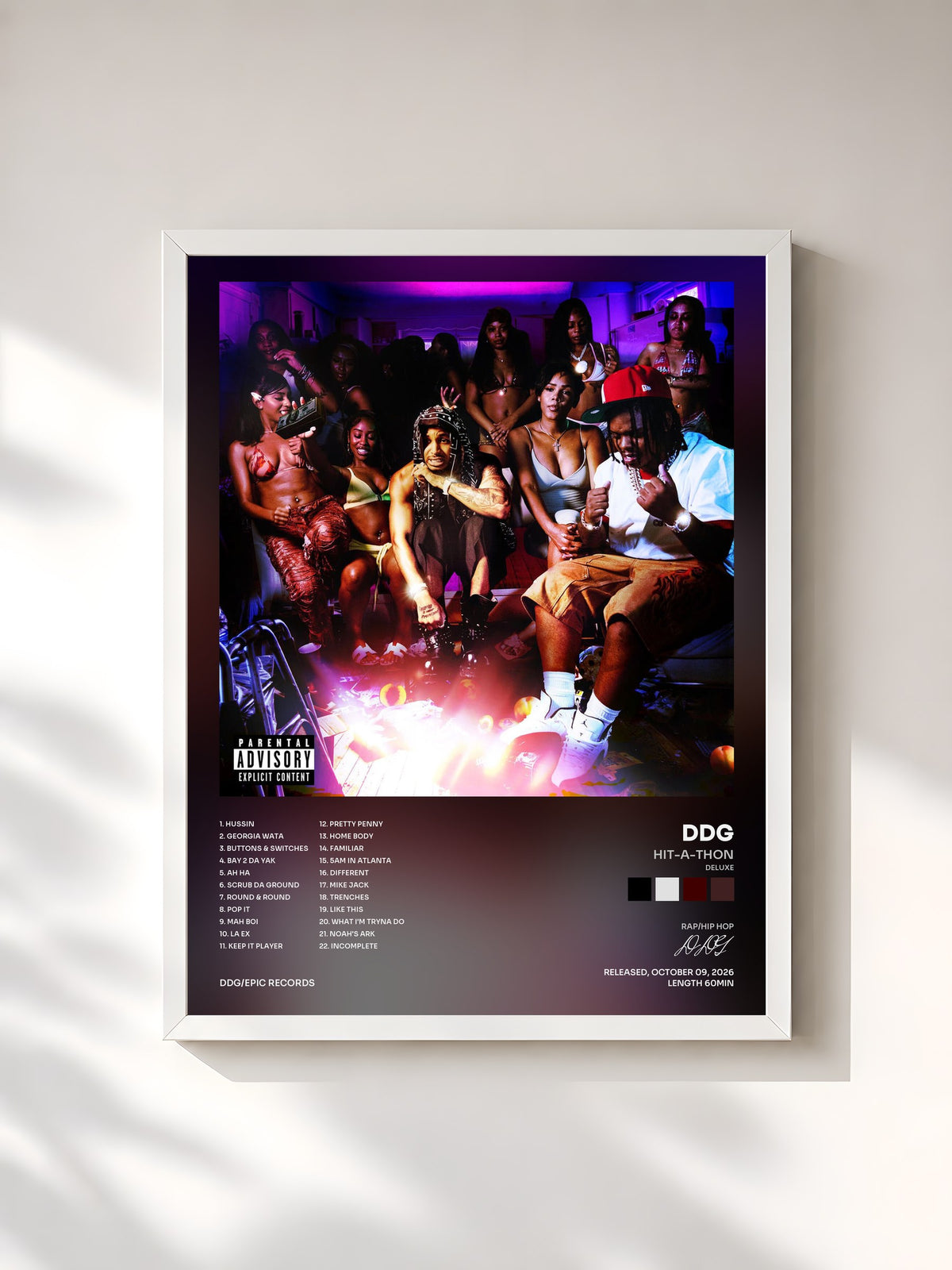 #blanc Tableau de l'album HIT-A-THON (Deluxe) de DDG, cadre blanc, imprimé et encadré en France