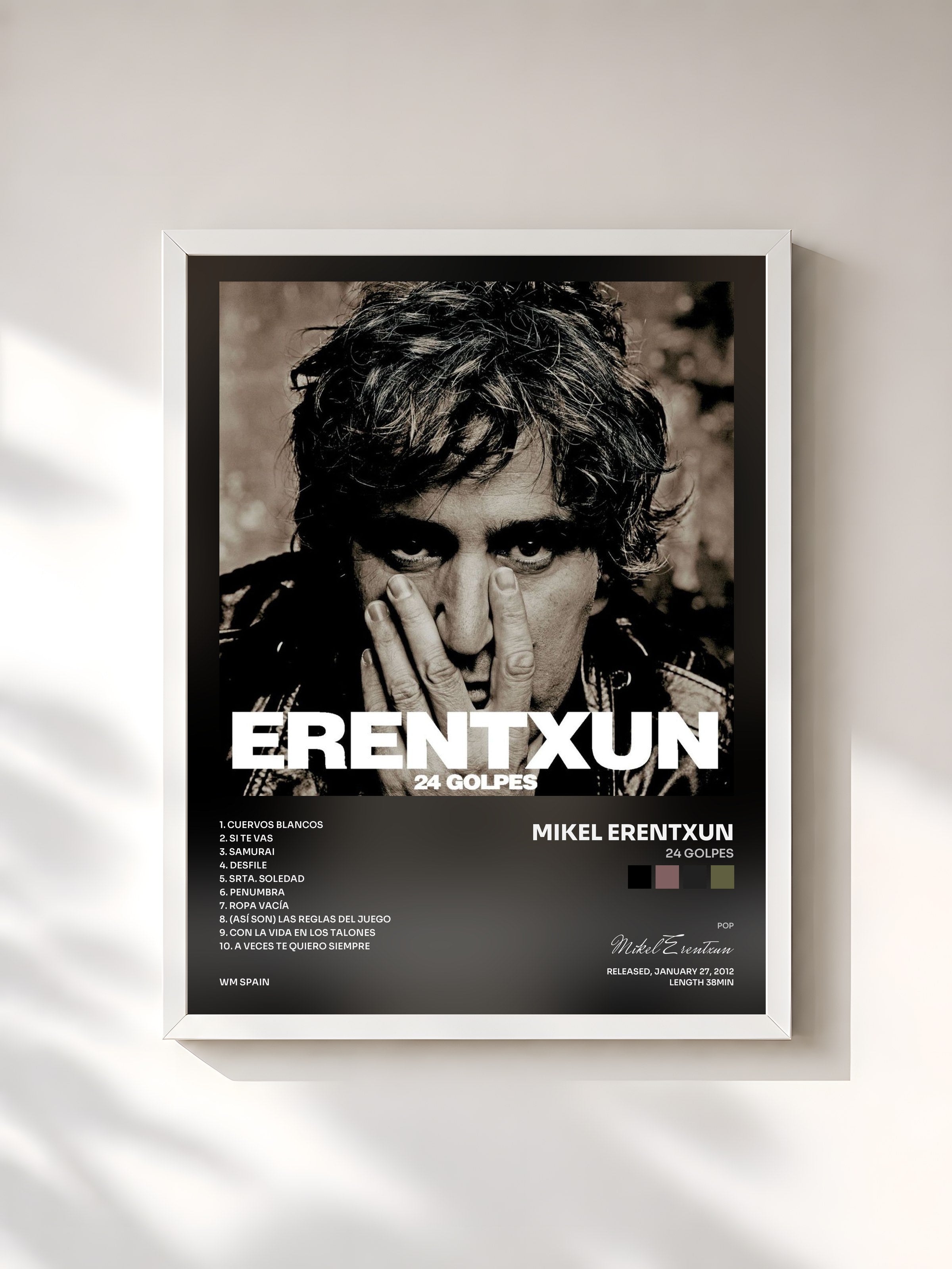 #blanc Tableau de l'album 24 Golpes de Mikel Erentxun, cadre blanc, imprimé et encadré en France