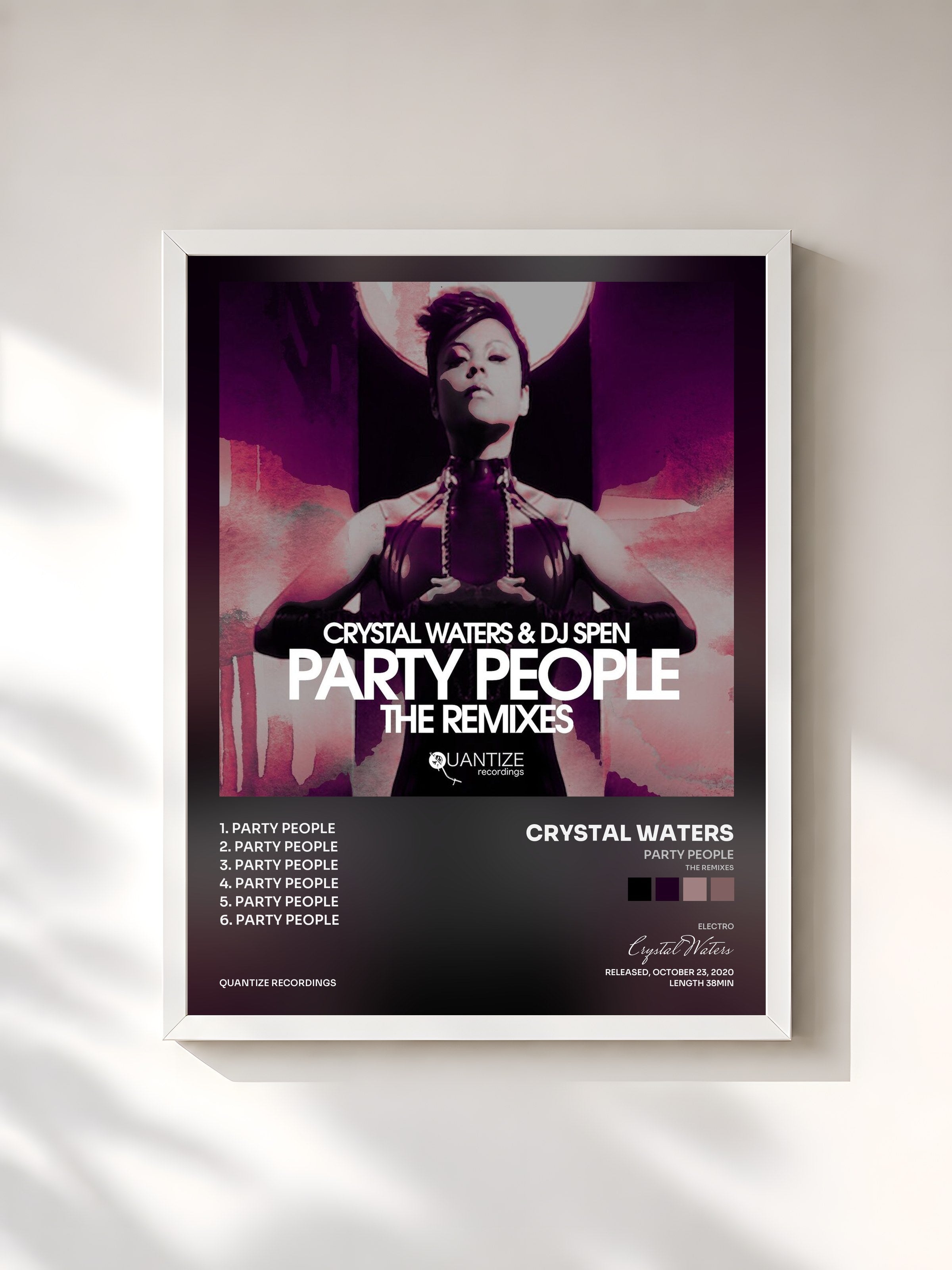 #blanc Tableau de l'album Party People (The Remixes) de Crystal Waters, cadre blanc, imprimé et encadré en France