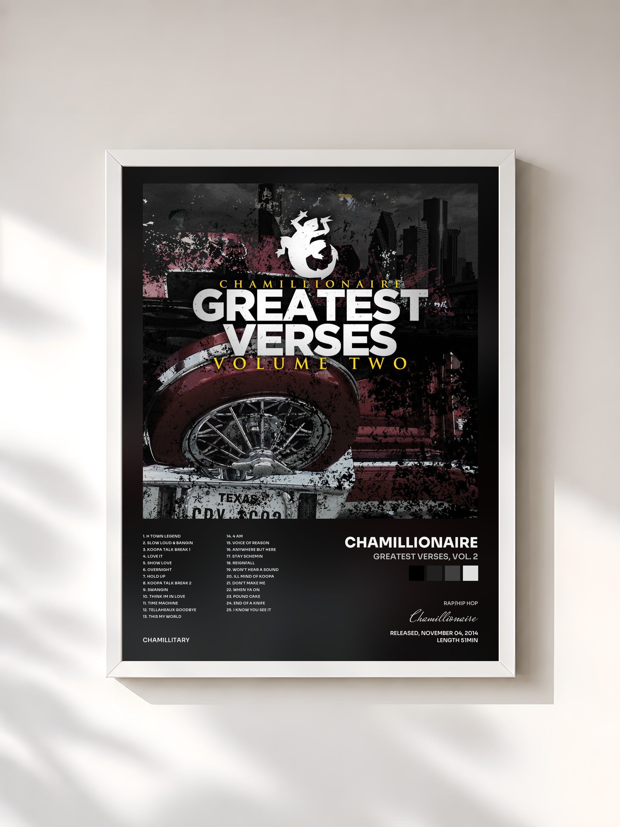 #blanc Tableau de l'album Greatest Verses, Vol. 2 de Chamillionaire, cadre blanc, imprimé et encadré en France