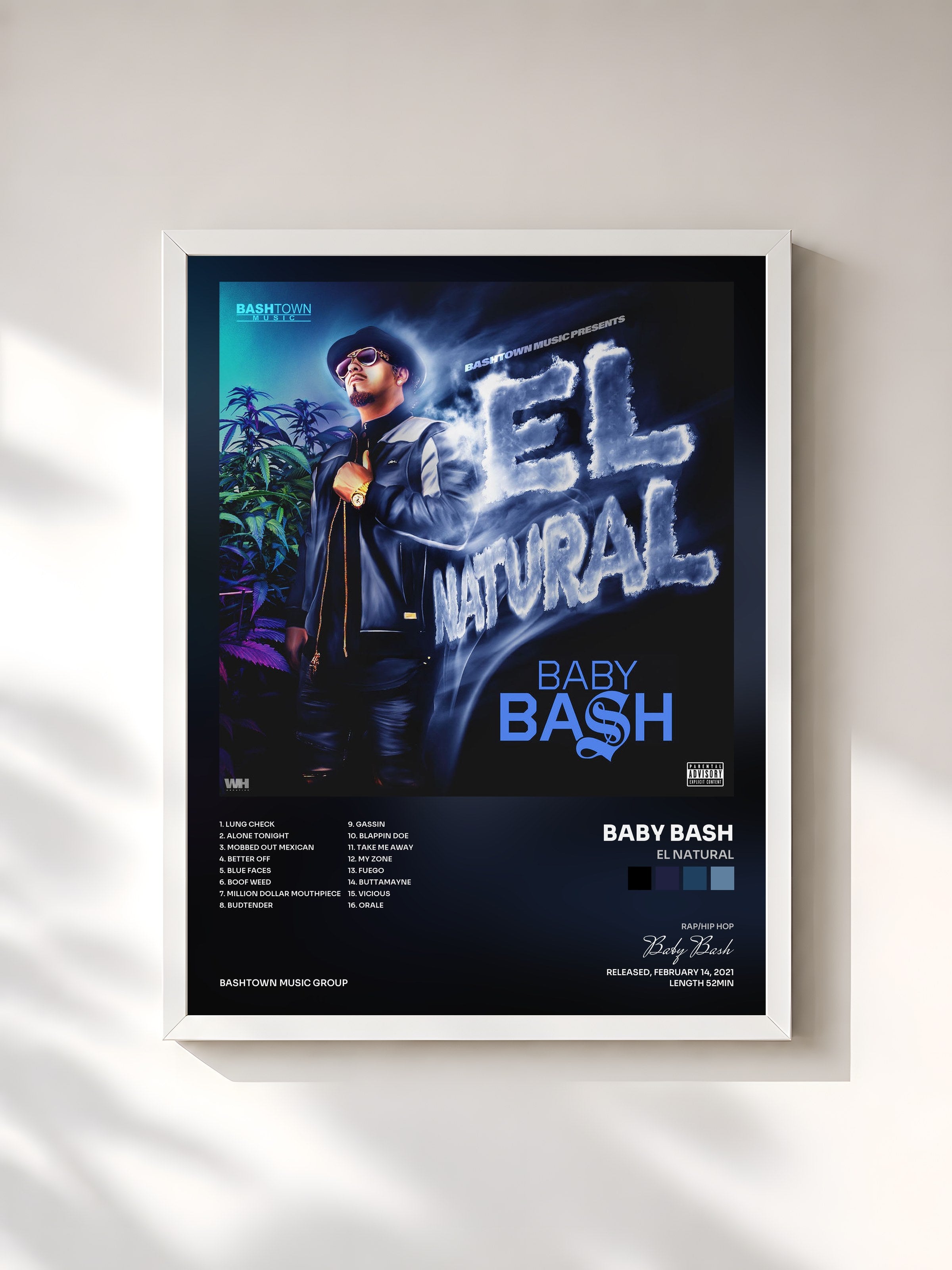 #blanc Tableau de l'album El Natural de Baby Bash, cadre blanc, imprimé et encadré en France