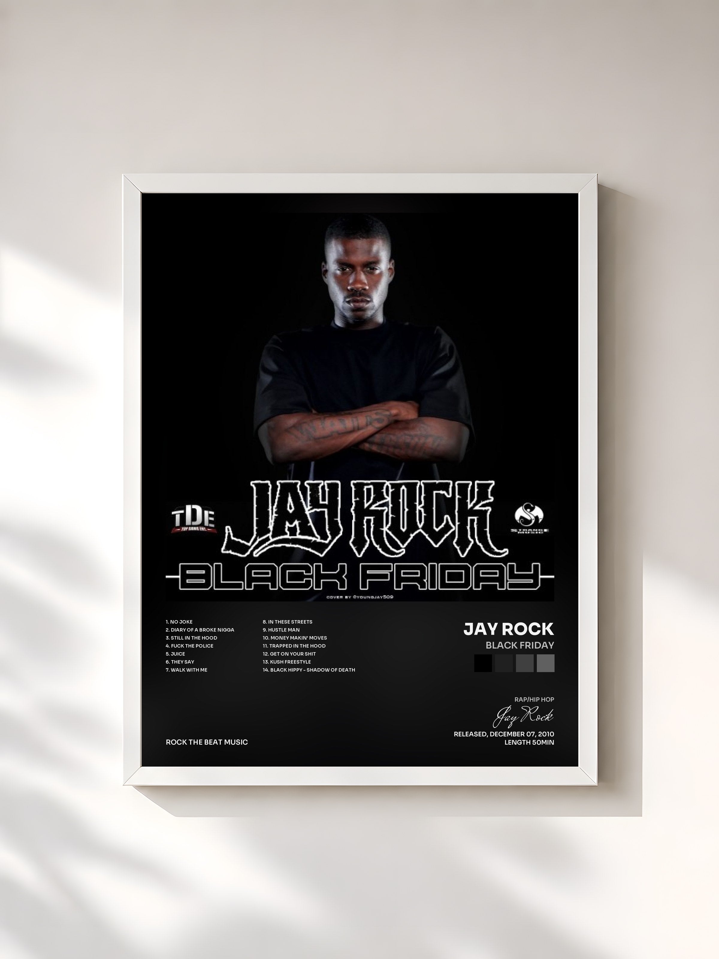 #blanc Tableau de l'album Black Friday de Jay Rock, cadre blanc, imprimé et encadré en France
