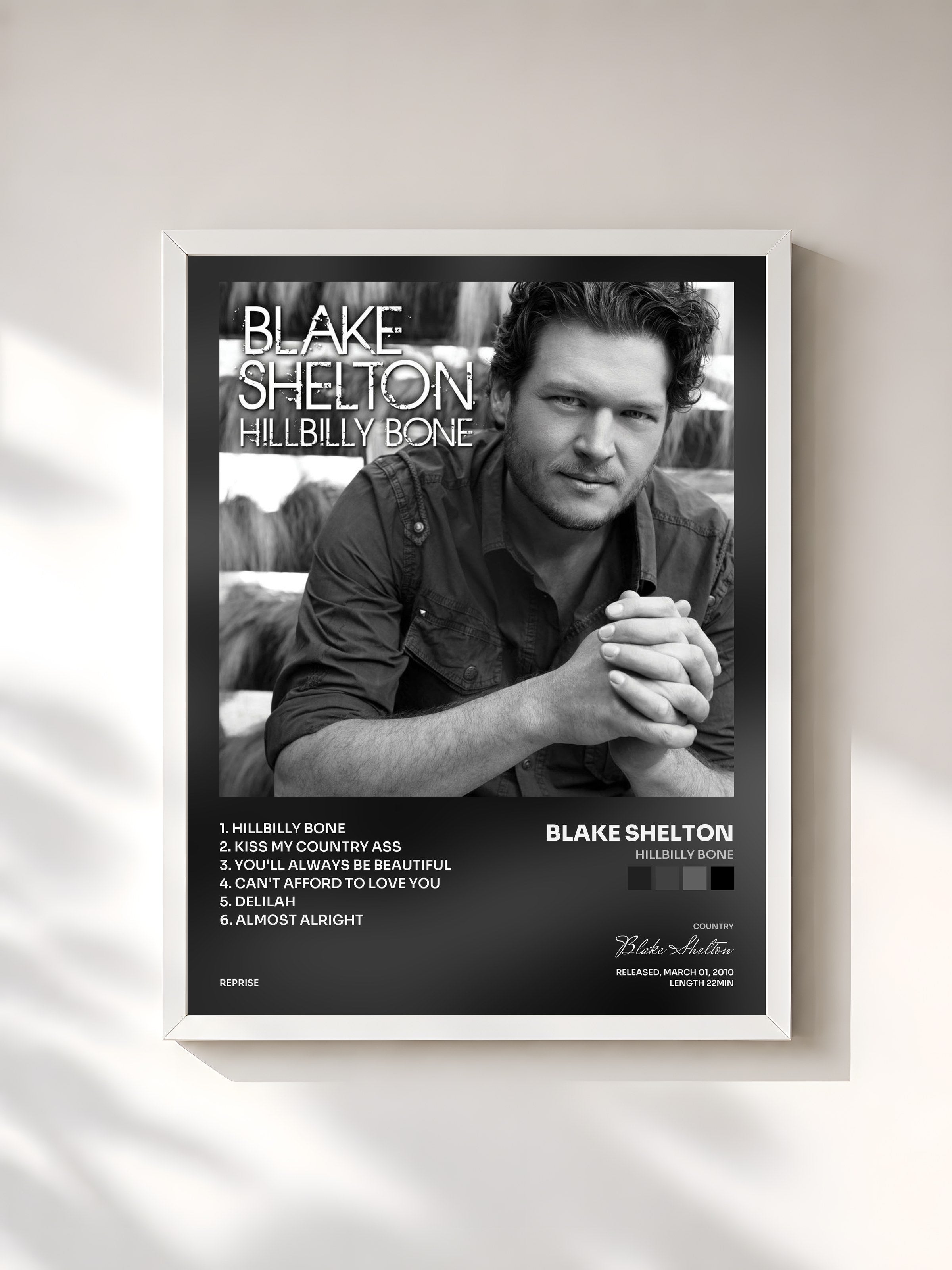 #blanc Tableau de l'album Hillbilly Bone de Blake Shelton, cadre blanc, imprimé et encadré en France