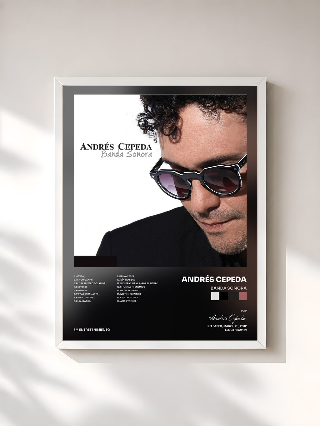 #blanc Tableau de l'album Banda Sonora de Andrés Cepeda, cadre blanc, imprimé et encadré en France