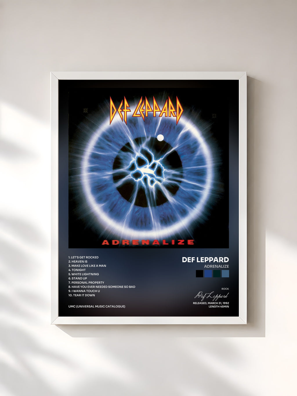 #blanc Tableau de l'album Adrenalize de Def Leppard, cadre blanc, imprimé et encadré en France