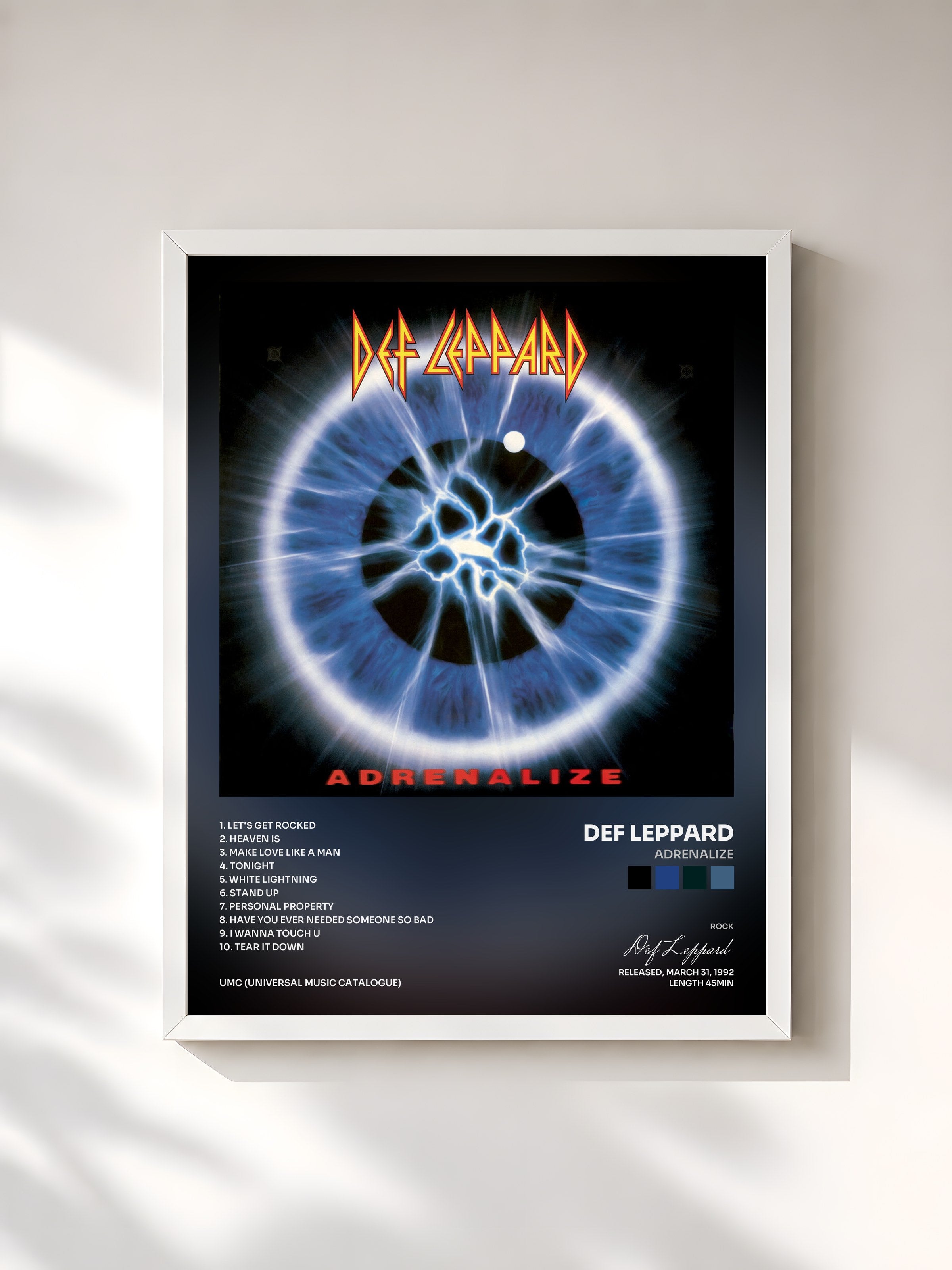 #blanc Tableau de l'album Adrenalize de Def Leppard, cadre blanc, imprimé et encadré en France