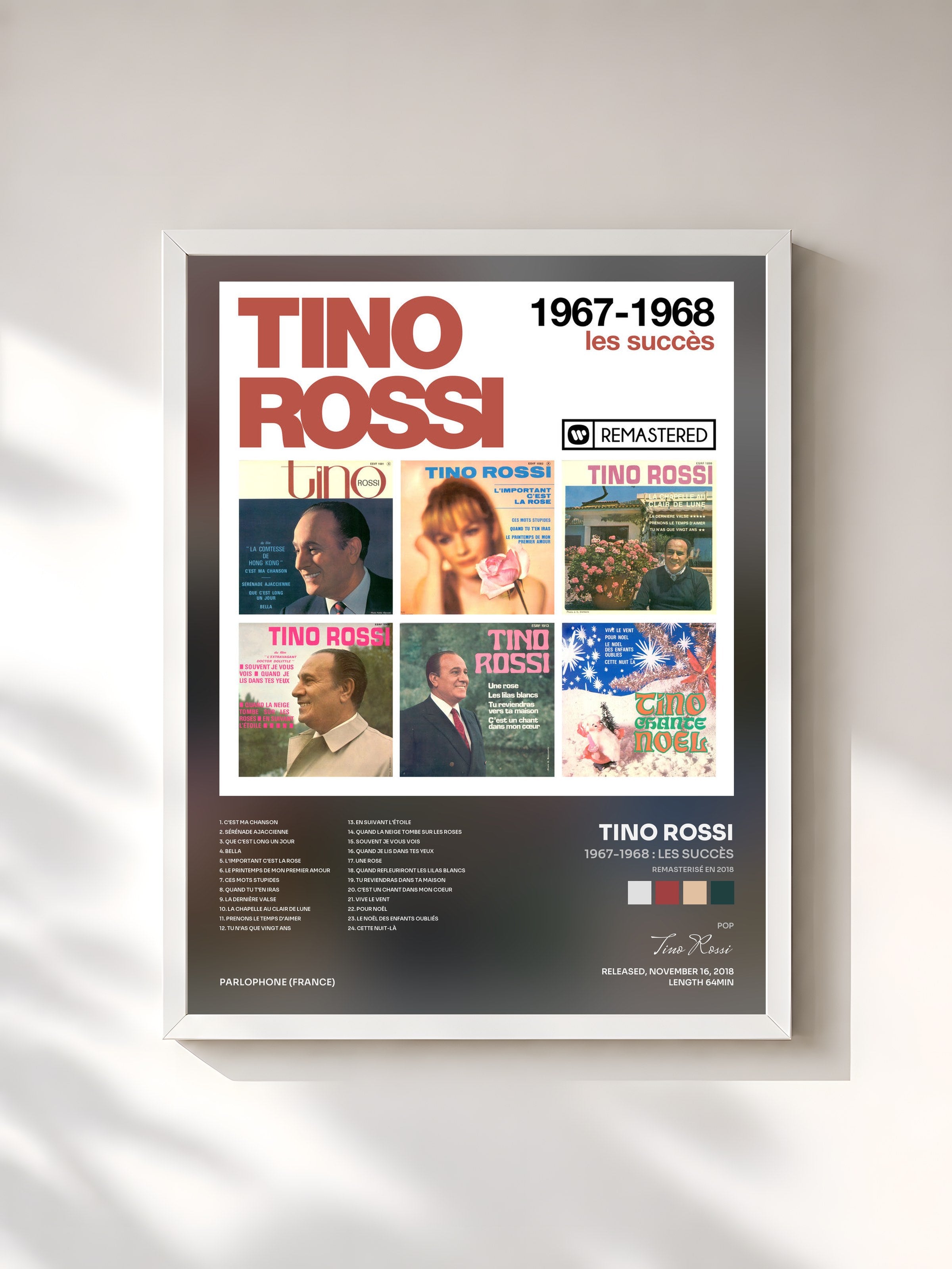 #blanc Tableau de l'album 1967-1968 : Les succès (Remasterisé en 2018) de Tino Rossi, cadre blanc, imprimé et encadré en France