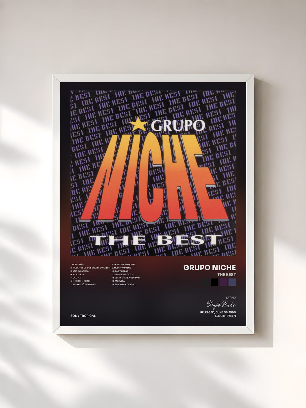 #blanc Tableau de l'album The Best de Grupo Niche, cadre blanc, imprimé et encadré en France