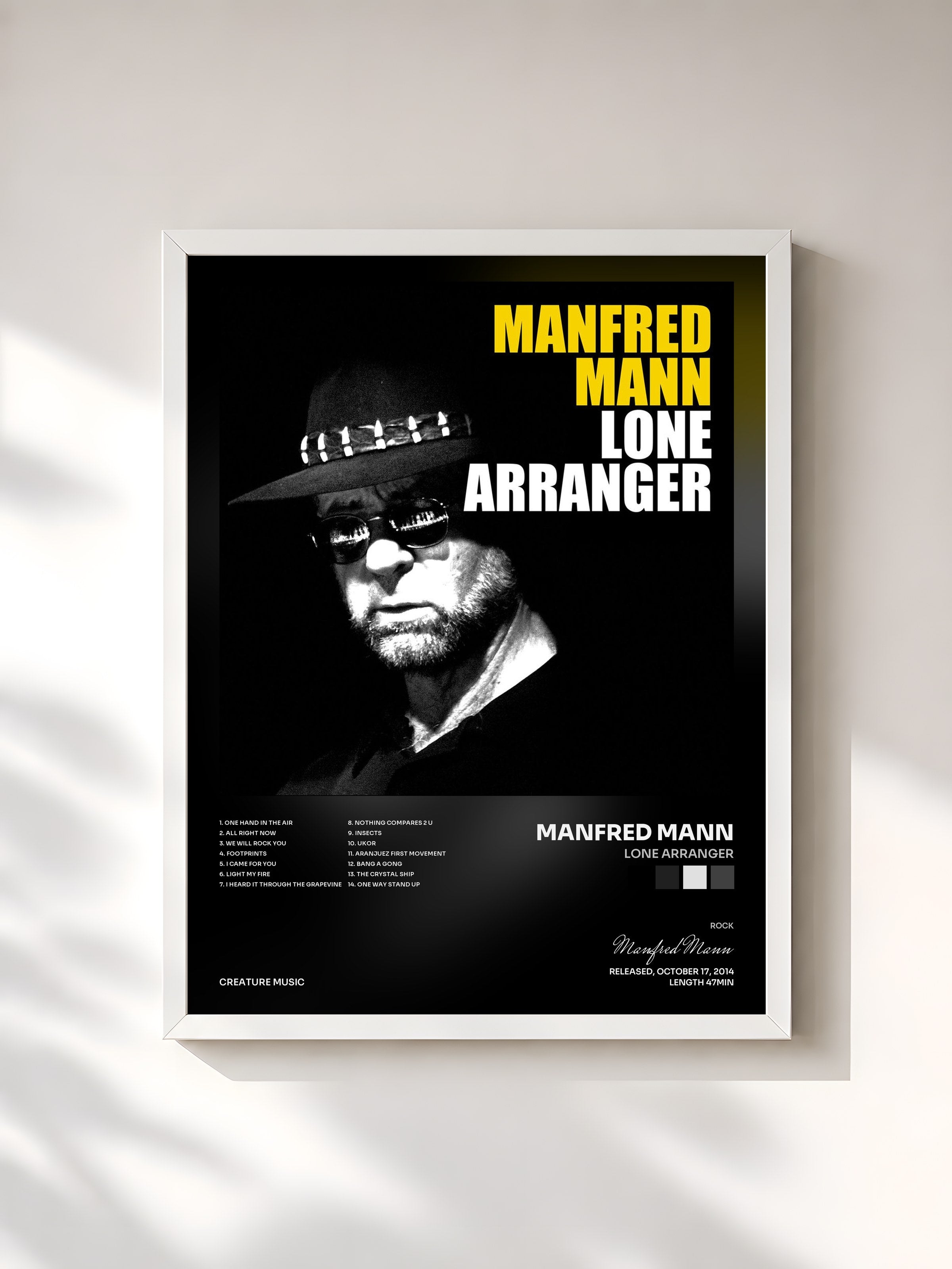 #blanc Tableau de l'album Lone Arranger de Manfred Mann, cadre blanc, imprimé et encadré en France