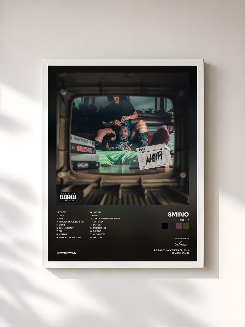 #blanc Tableau de l'album NOIR de Smino, cadre blanc, imprimé et encadré en France