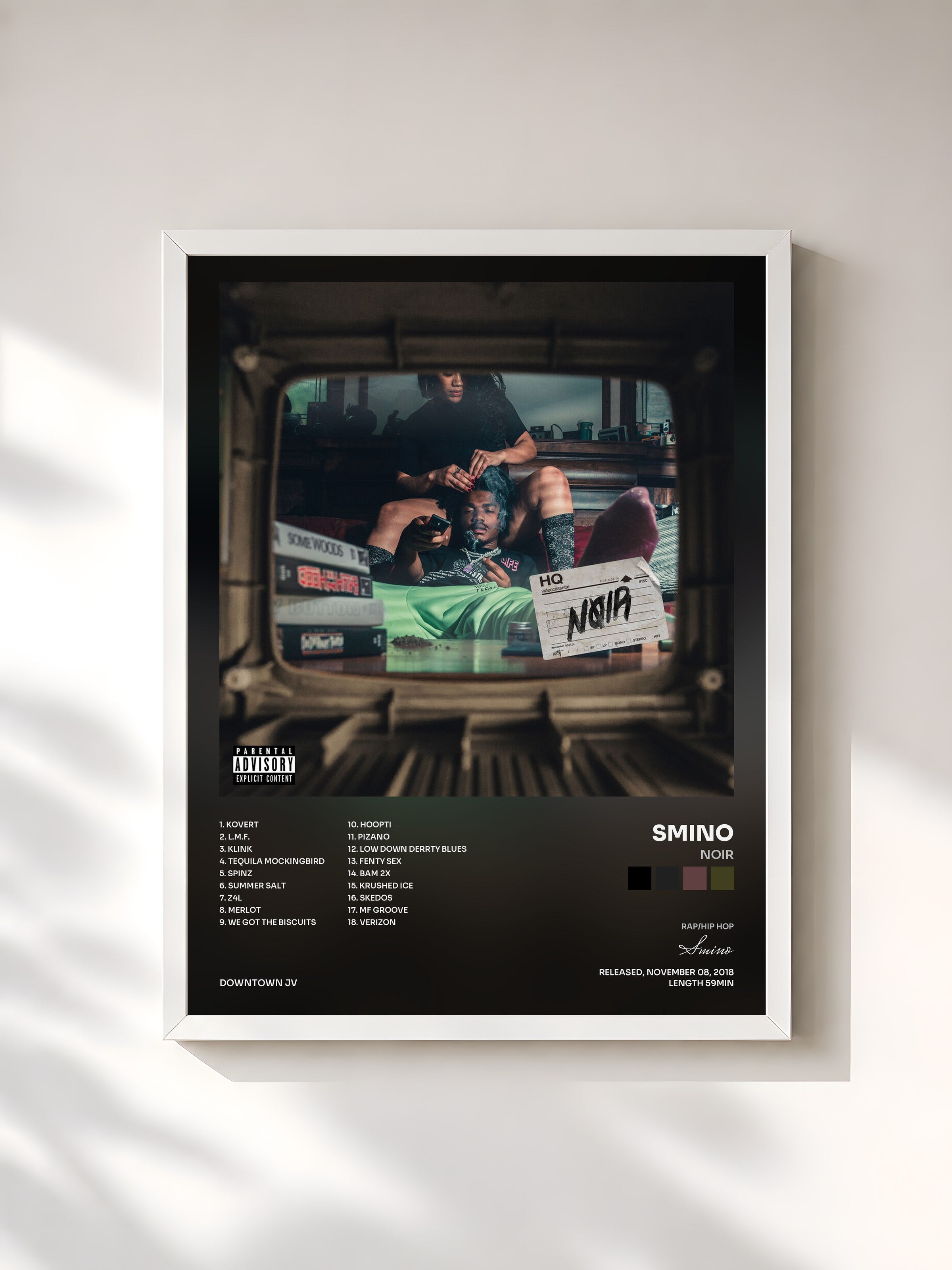 #blanc Tableau de l'album NOIR de Smino, cadre blanc, imprimé et encadré en France