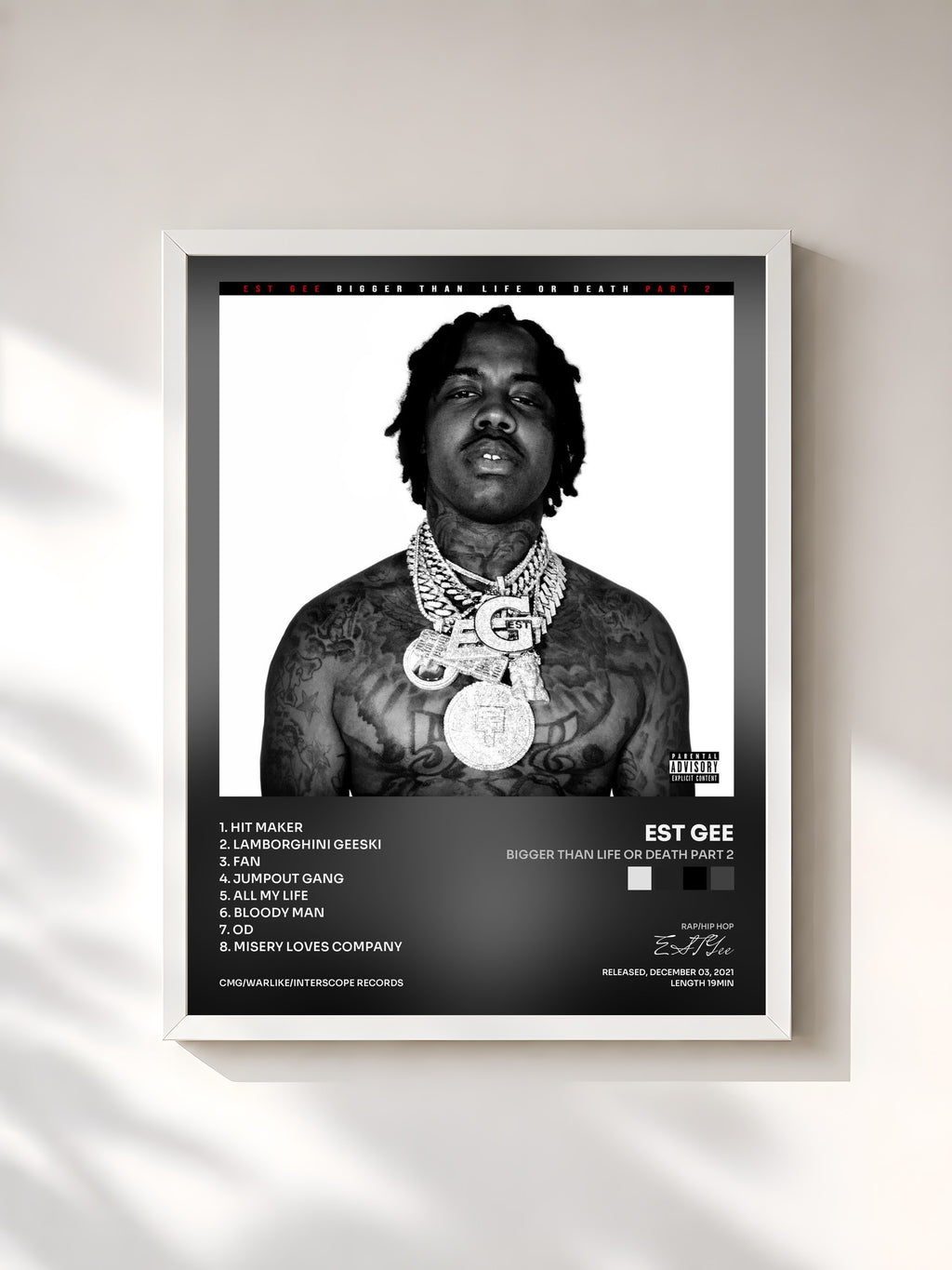 #blanc Tableau de l'album Bigger Than Life Or Death Part 2 de EST Gee, cadre blanc, imprimé et encadré en France